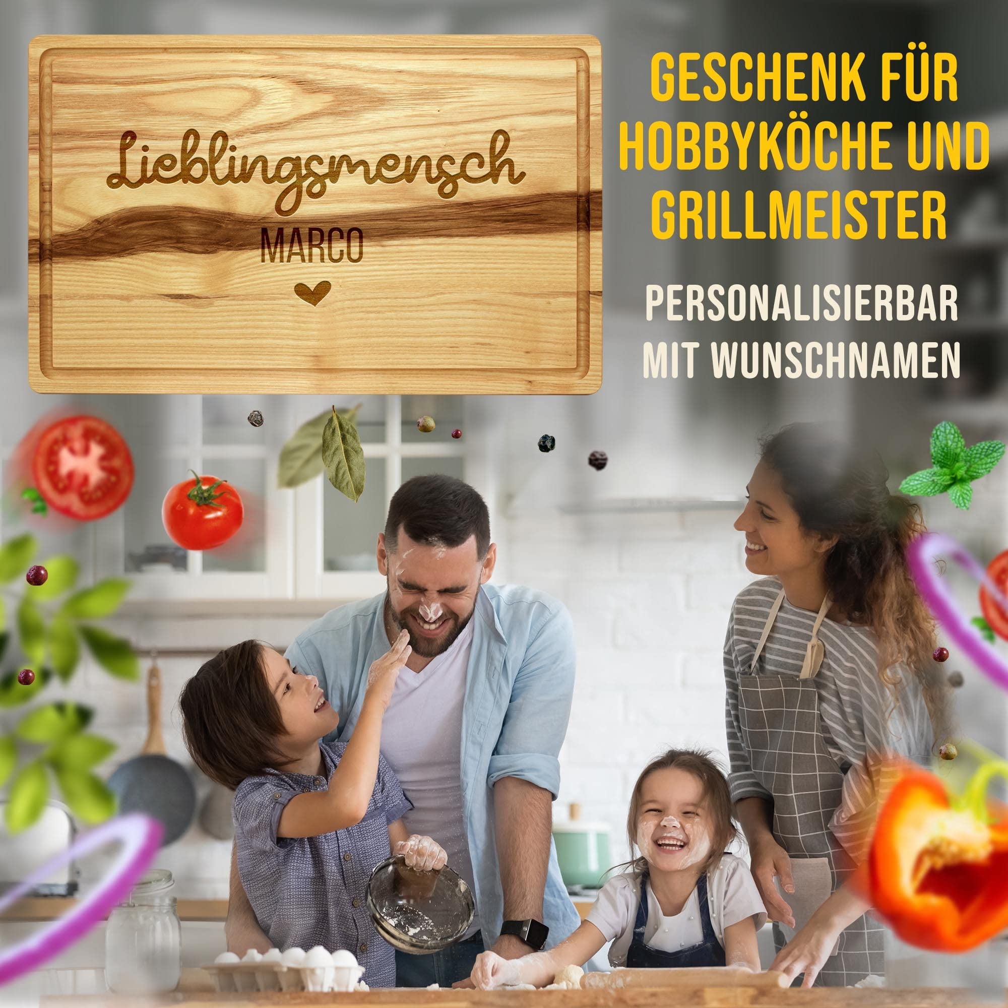 Großes Holzbrett mit Gravur - Schneidebrett personalisiert mit Name - Geschenk für Lieblingsmensch | Eschenholz, 40 x 25 x 2 cm, personalisiertes Geschenk mit Gravur