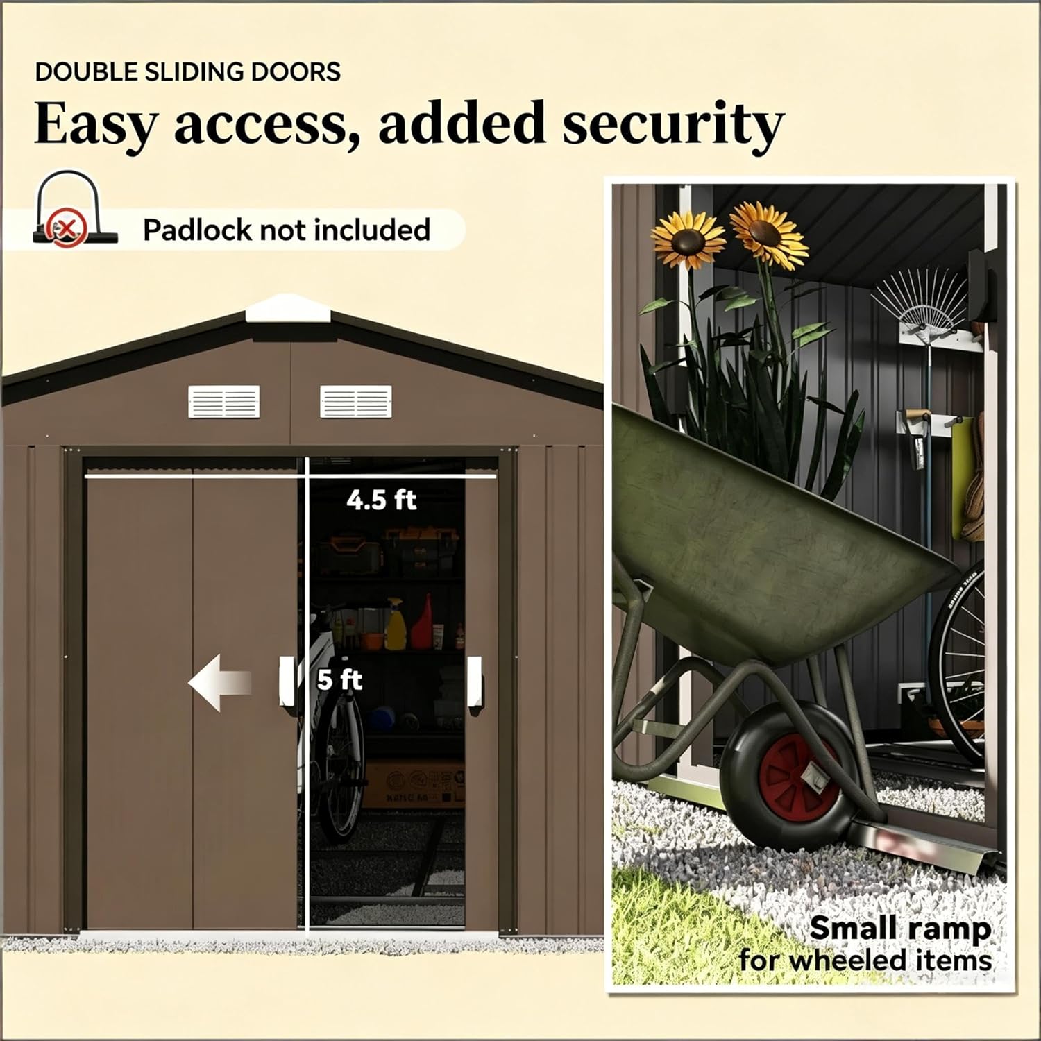 Metal Garden Shed with Double Sliding Doors, Galvanized Steel Outdoor Storage Shed for Tools and Equipment, Includes Foundation Kit for Easy Assembly
