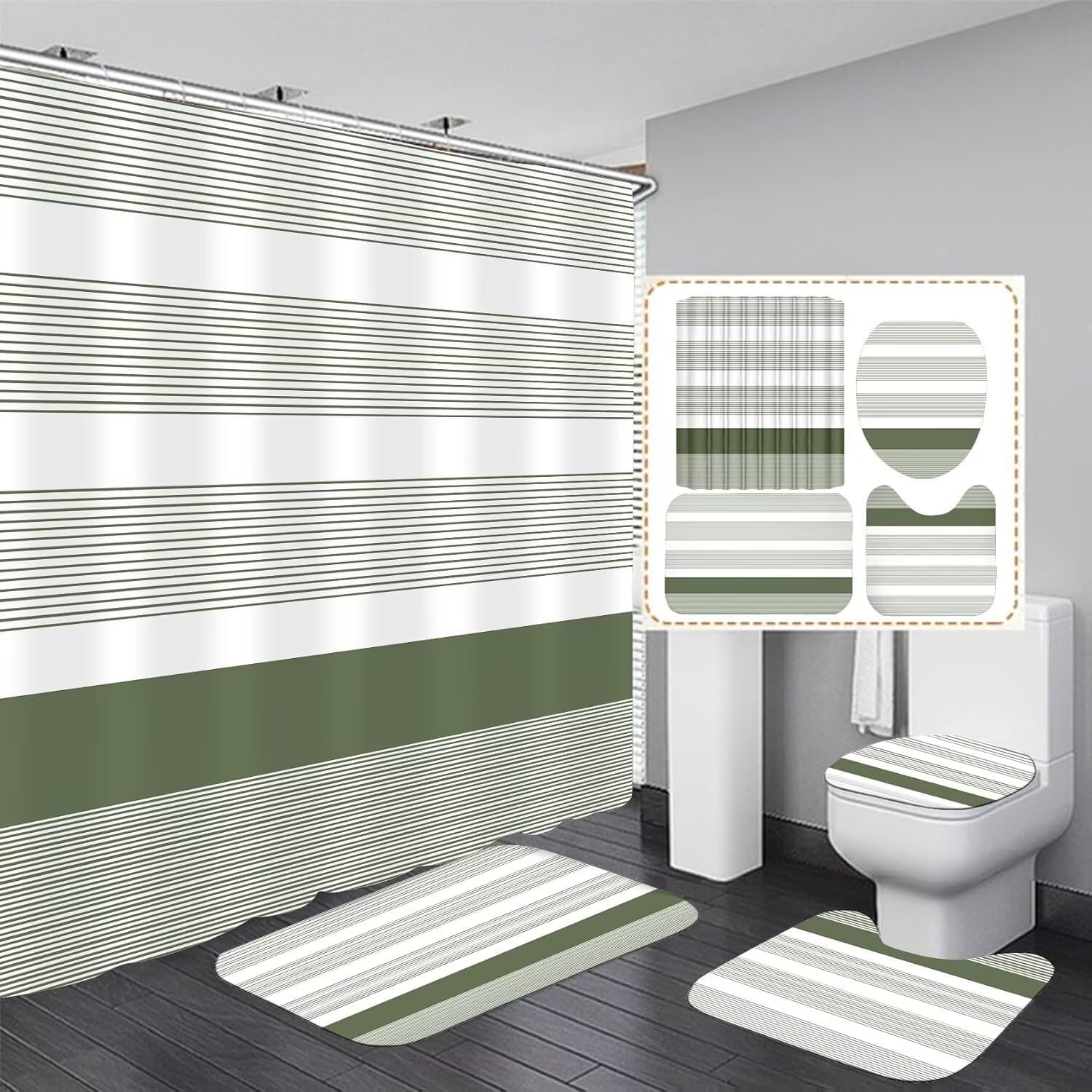DDQQ 4Pcs Boho Streak Shower Curtain Sets with Rugs Sage Green Stripe Bathroom Sets Shower Curtain with 12 Hooks Bathroom Decor with Rugs Bath Accessories with Mats Toilet Lid Cover