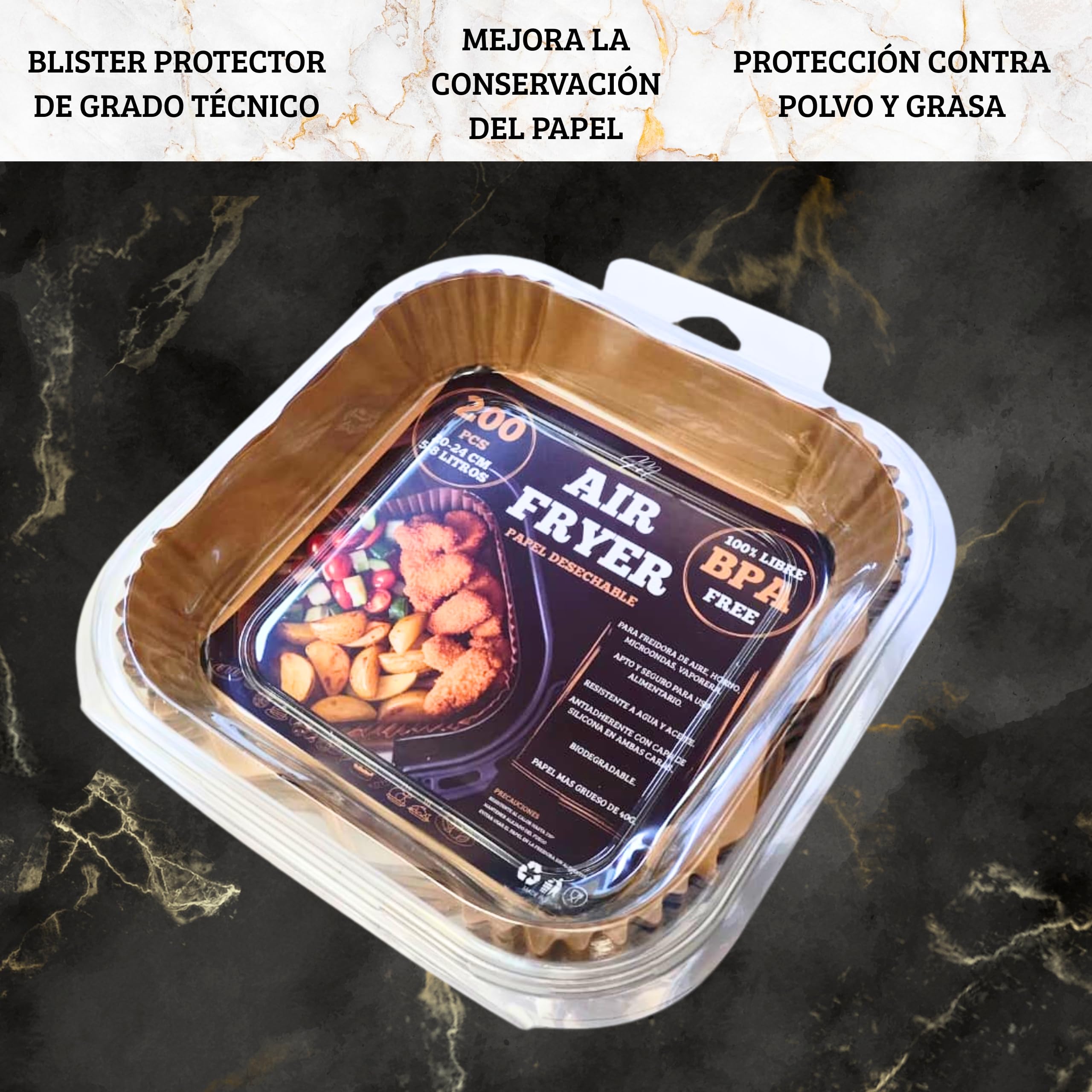 PAPEL AIR FRYER CUADRADO 200 Uds 20–24 Cm - Sin BPA Air Fryer Papel Air fryer Antiadherente - Modelo PREMIUM Profesional - Eco Desechable - Compatible con Cosori y Cecotec - 5-8 Litros. — view 7
