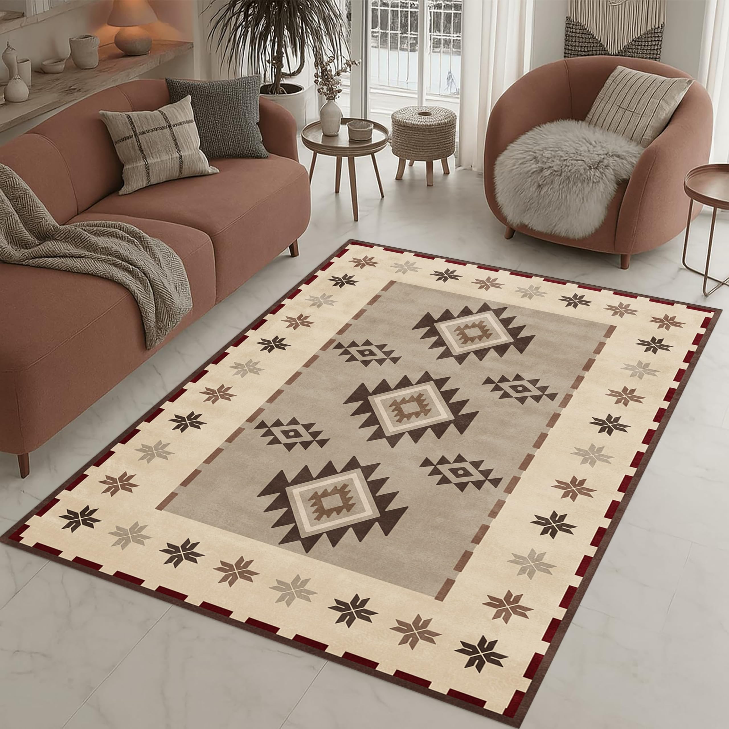 LHOMKCV Vintage Checkered Area Rugs, 160x230cm, Classic Beige Aztec Tribal Print Flat Carpet, Soft Non Slip Washable Abstract Floor Decor Mat for Living Room Bedroom