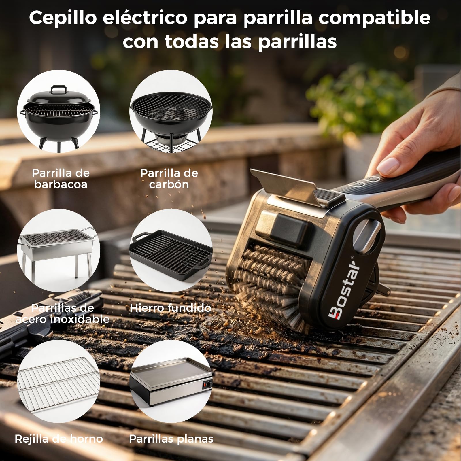 Bostar Cepillo Barbacoa Eléctrico Inalámbrico - 4000mAh Limpiador de Parrillas con Raspador de INOX y Luz LED, 450 RPM Potente para Gas y Carbón, Incluye 1 Rodillo de Repuesto