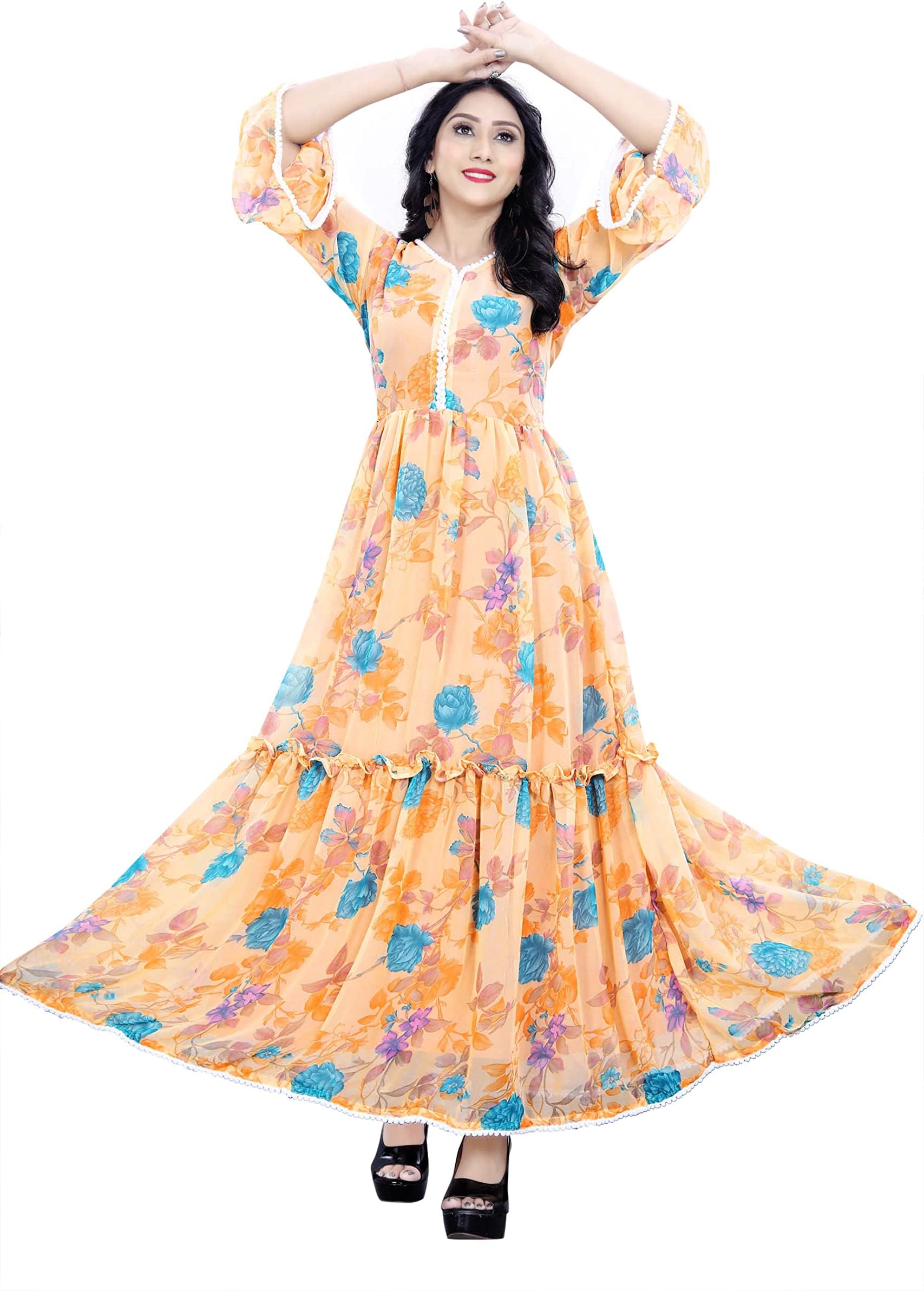 RUDRA FASHION MART Women's Gown Maxi Long Dress, Latest Georgette Long Ethnic Anarkali Gown for Women and Girls (Large, Orange)