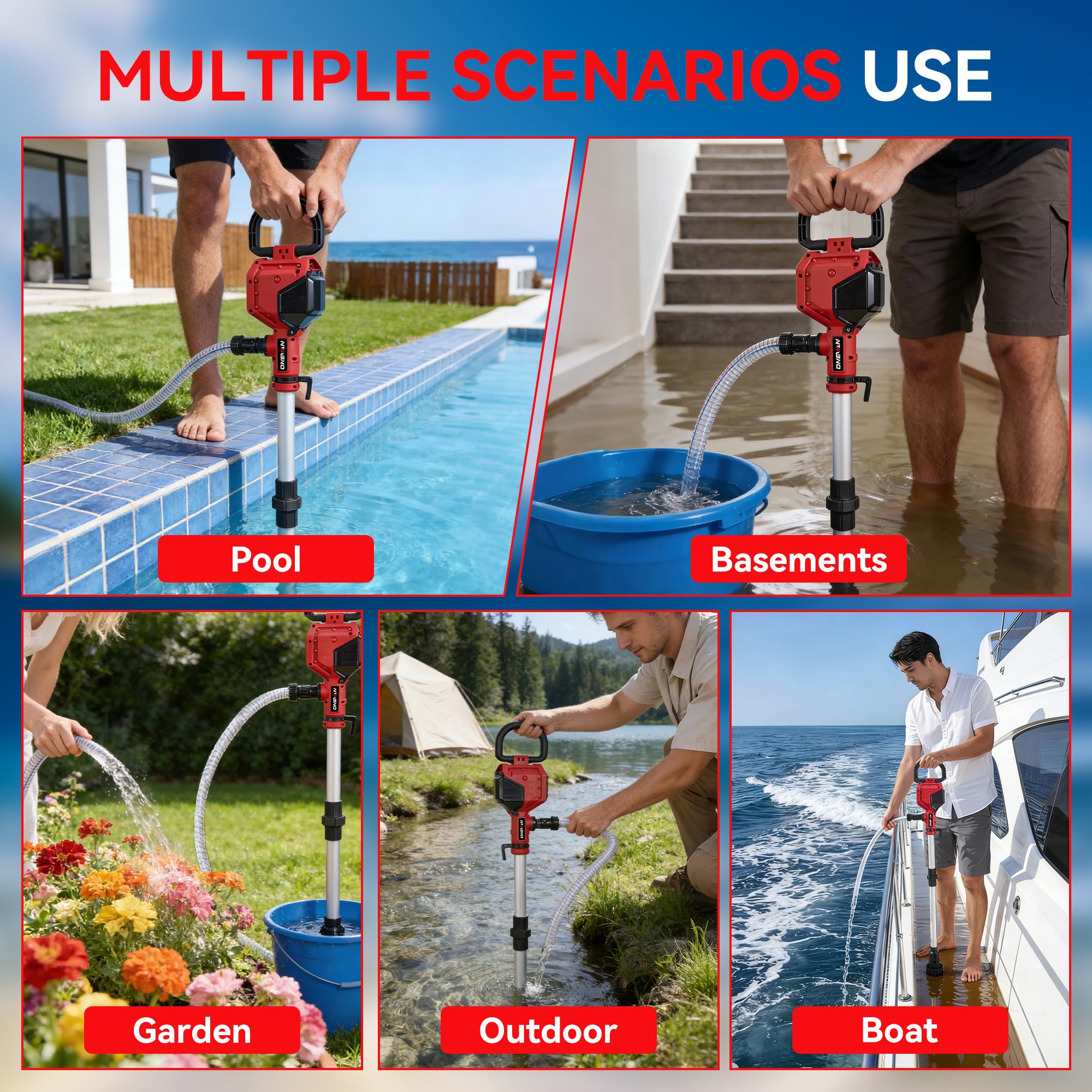 ONEVAN Pompa dell'acqua a batteria con asta telescopica, senza spazzole, senza fili, 21 V, 10 m, portata 2740 l/h, tubo da 2 m, 2 batterie da 3000 mAh, per giardino, piscina, acqua piovana