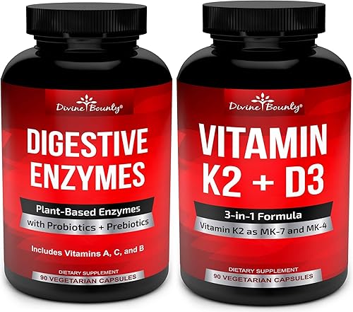 Divine Bounty Enzimas digestivas con probióticos y vitamina K2 y D3 Bundle