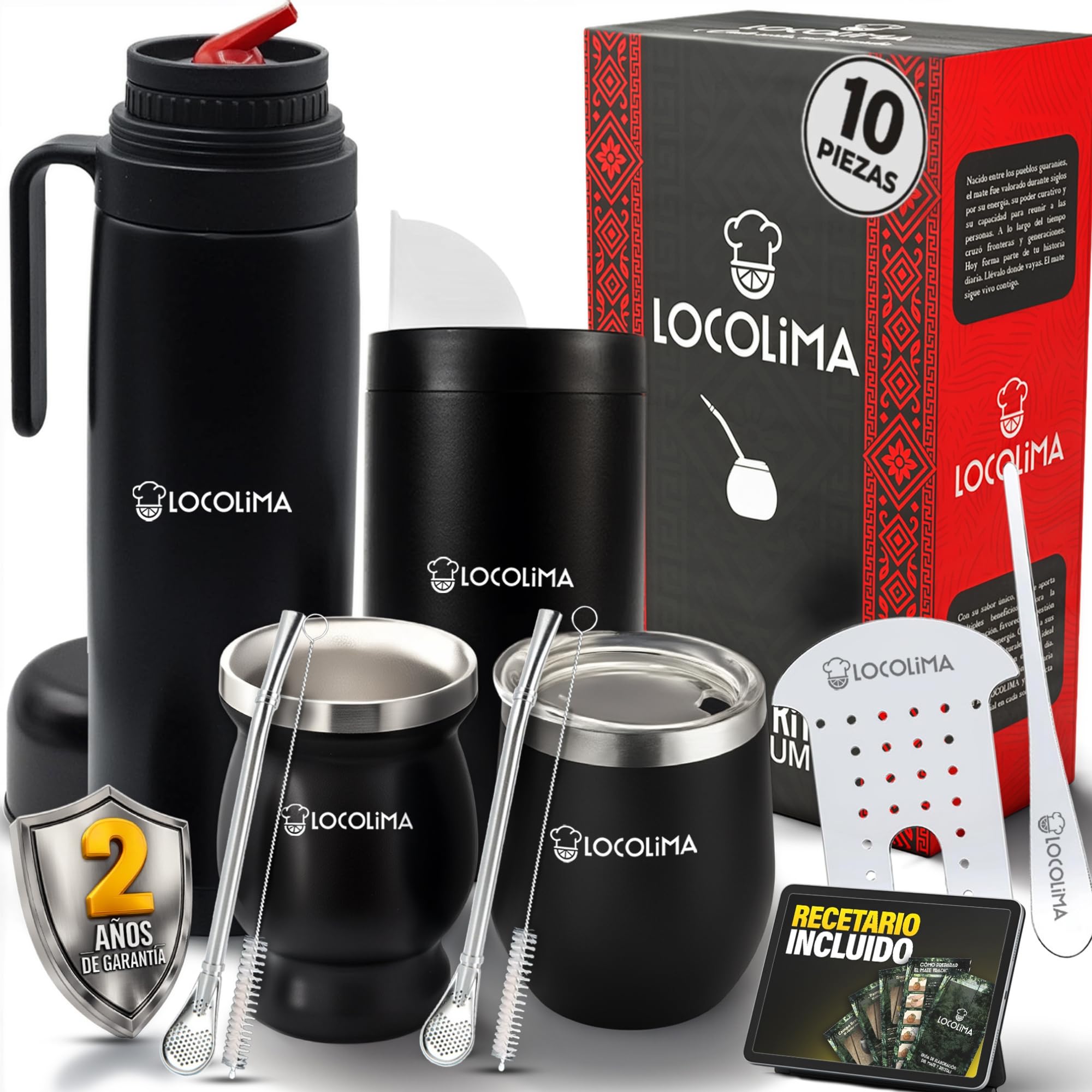Kit Mate Argentino Premium 10 Piezas, Termo Mate 1L Doble Pared de Acero Inoxidable, 2 Vasos (250ml y 350ml con tapa) Bombillas, Porta Yerba, Separador Yerba y Prensa el Autentico Set de Mate