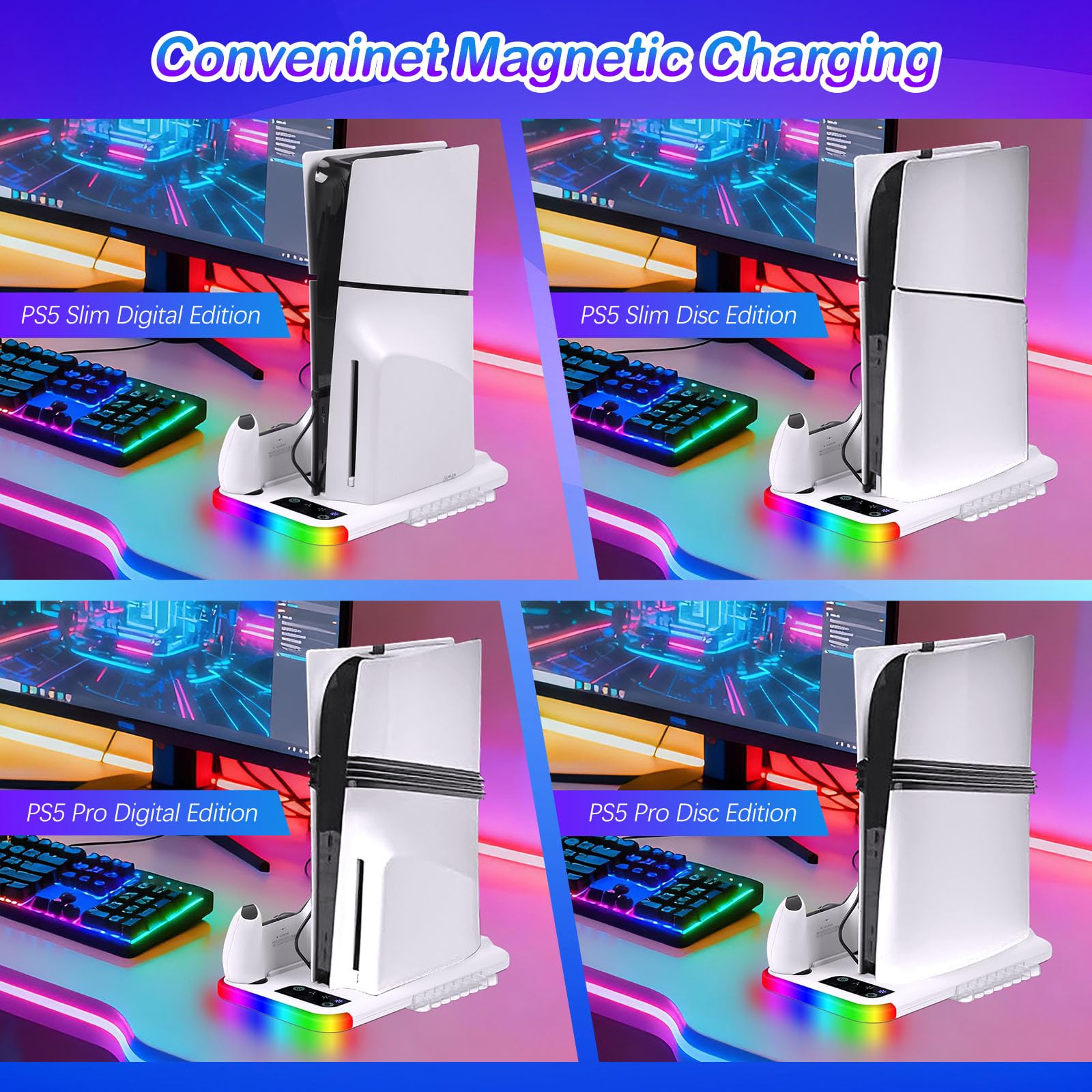 Supporto PS5 Slim/PS5 Pro con Ventola & Luce RGB, PS5 Stazione di Raffreddamento Supporto di Ricarica con Controller Ricarica Stazione di ricarica per PS5-Slim/PS5 Pro Disc & Digitale Edizione