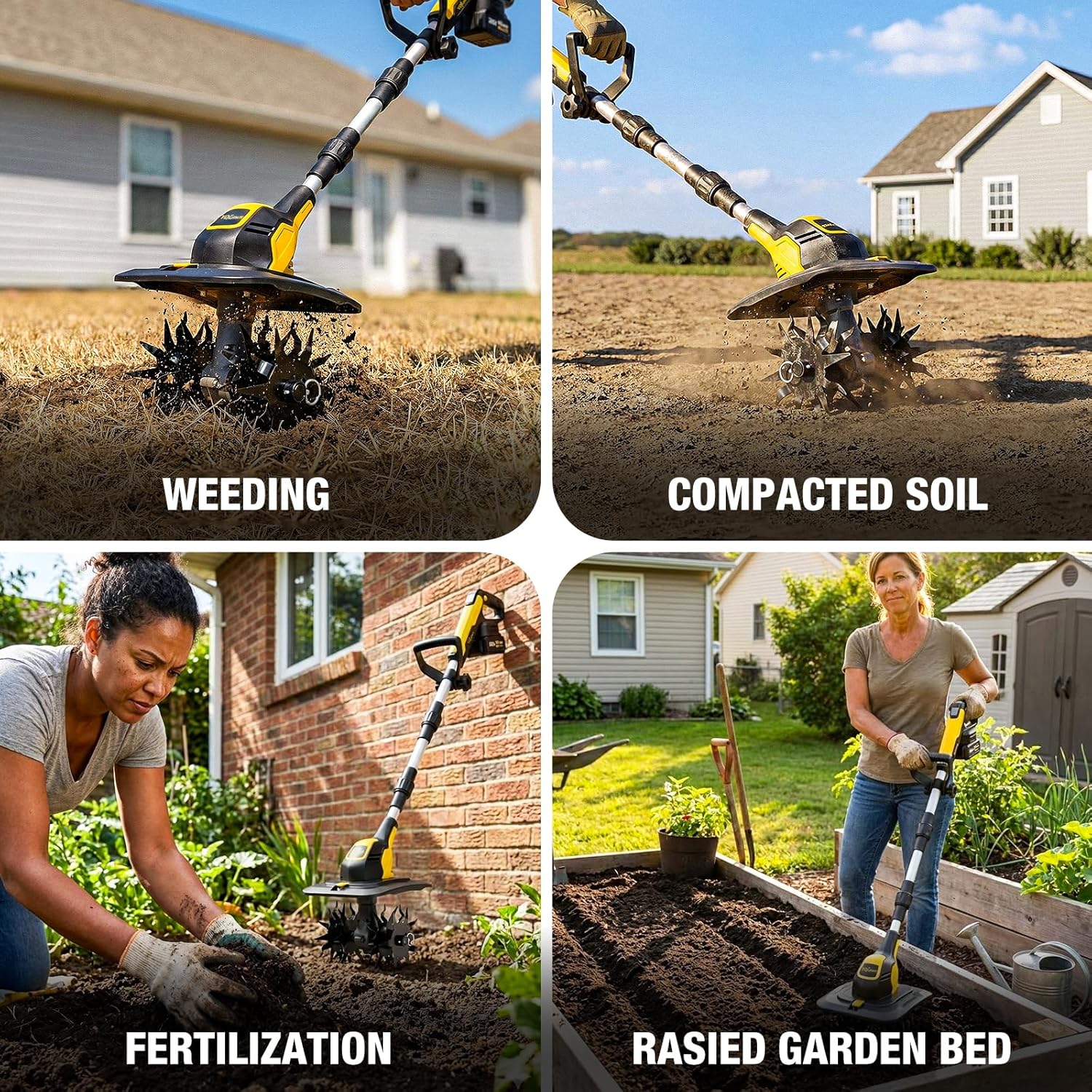 20V Cordless Tiller Cultivator, with 2 * 4.0Ah Batteries & Charger, 9In Tilling Width and 7In Depth Garden Rototiller for Lawn/Gardening/Soil Cultivation, Light Yellow