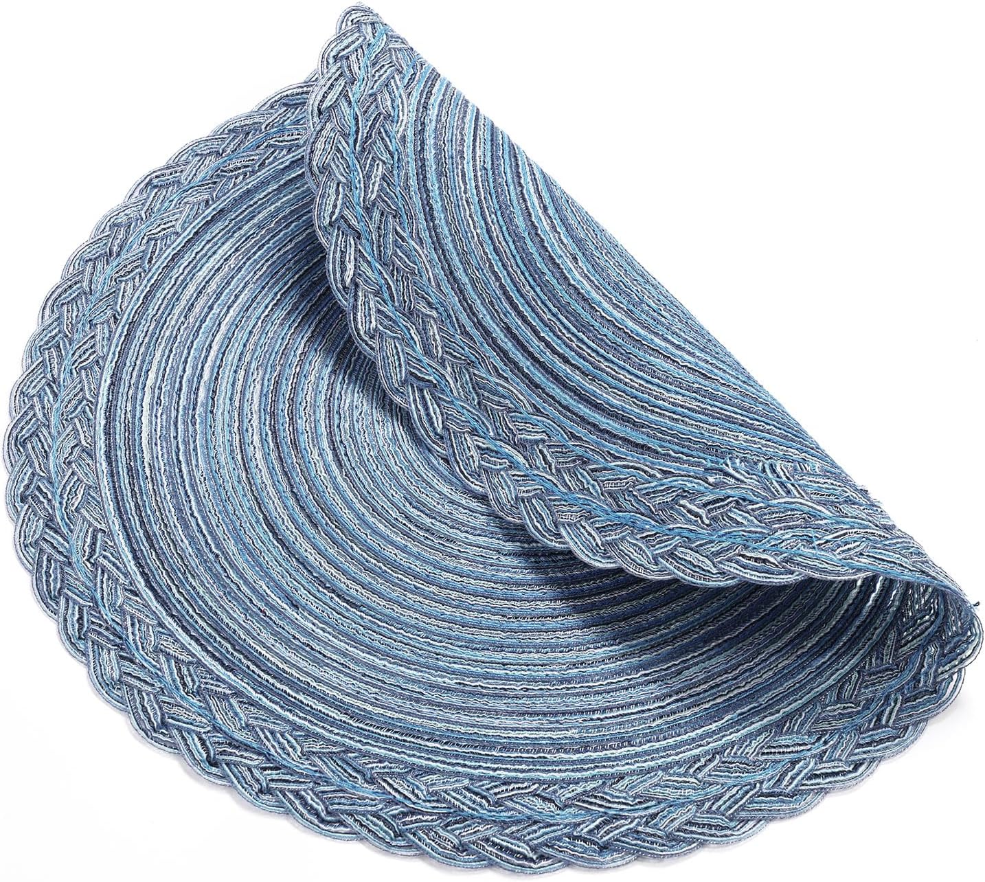 SHACOS Round Placemats Set of 6 Woven Kitchen Table Mats 15 inch Circle Braided Border Washable Cotton Polyester Place Mats, Multicolor Blue Grey (Pack of 2)