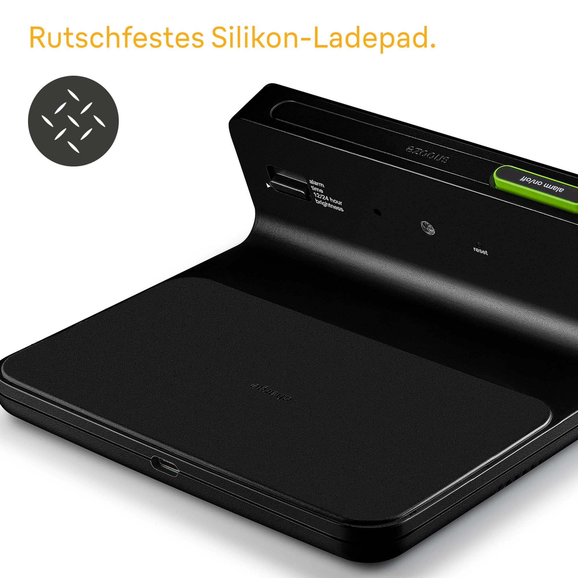 Braun Digitaler Wecker mit VA-LCD-Display, kabelloses 10W Qi-Schnellladepad, automatische Einstellung der Hintergrundbeleuchtung, Schnellschaltung, Pieptonwecker in Schwarz, Modell BC21B.