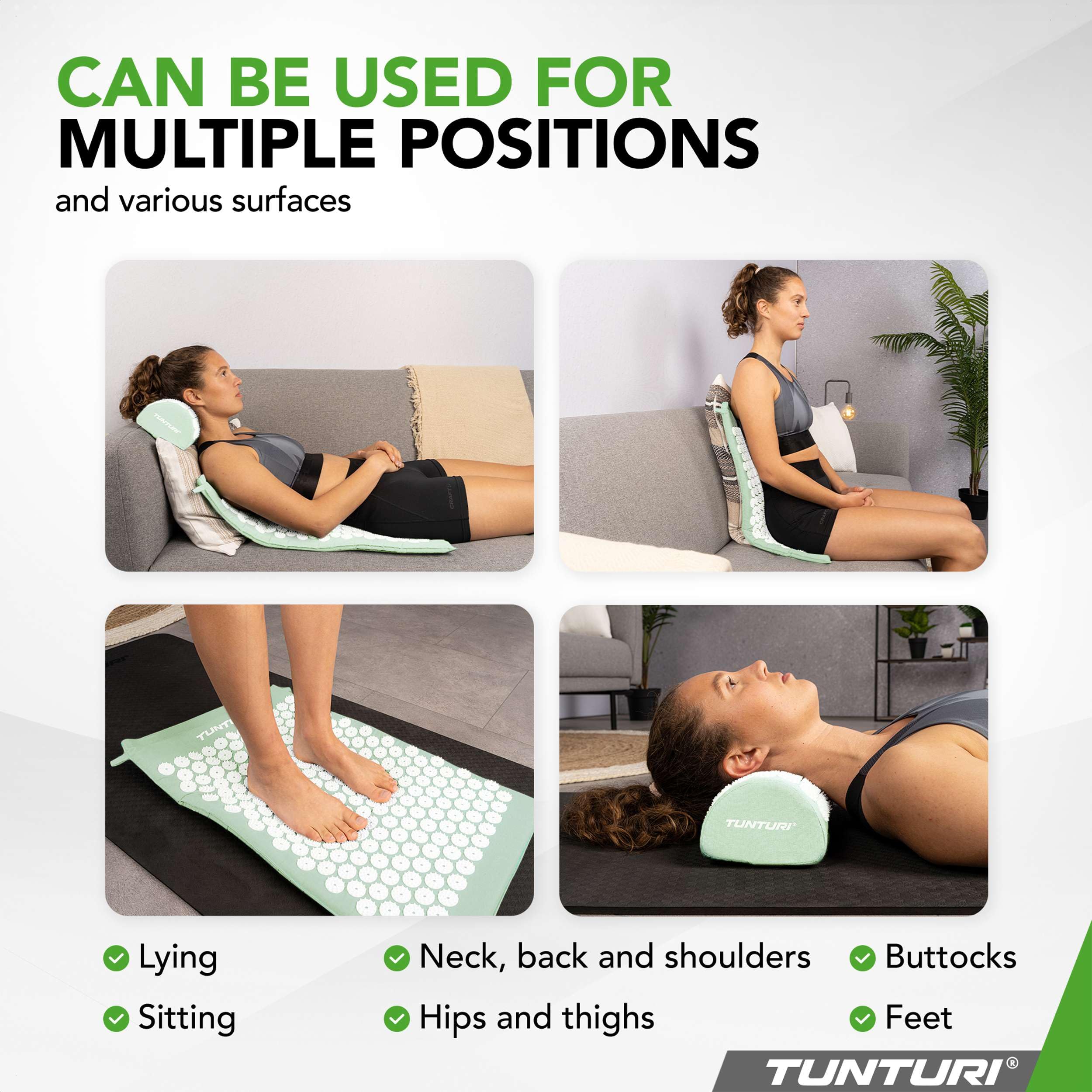 Tunturi Tappetino per agopressione con cuscino, tappetino per agopuntura, per schiena, collo, piedi, tutto il corpo, 2 in 1, tappetino per agopressione, anti-stress, 68 x 42 x 2 cm, menta