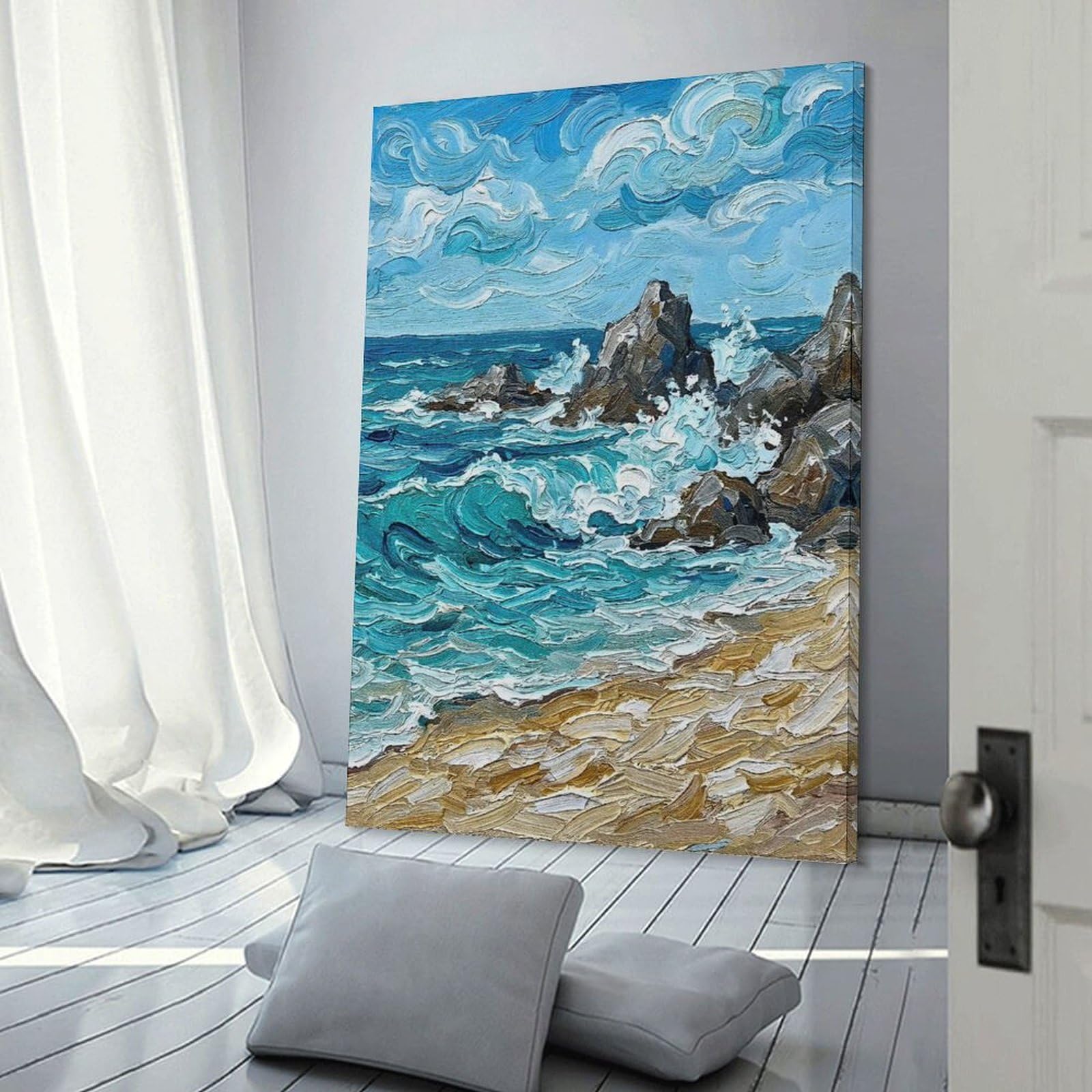 Junmoney Wall Art Print Impasto Seascape with Rocks And Waves, 20x30inch(50x75cm), for Living Room, Bedroom Or Home Office, Thoughtful Wall Decor for Art Lovers