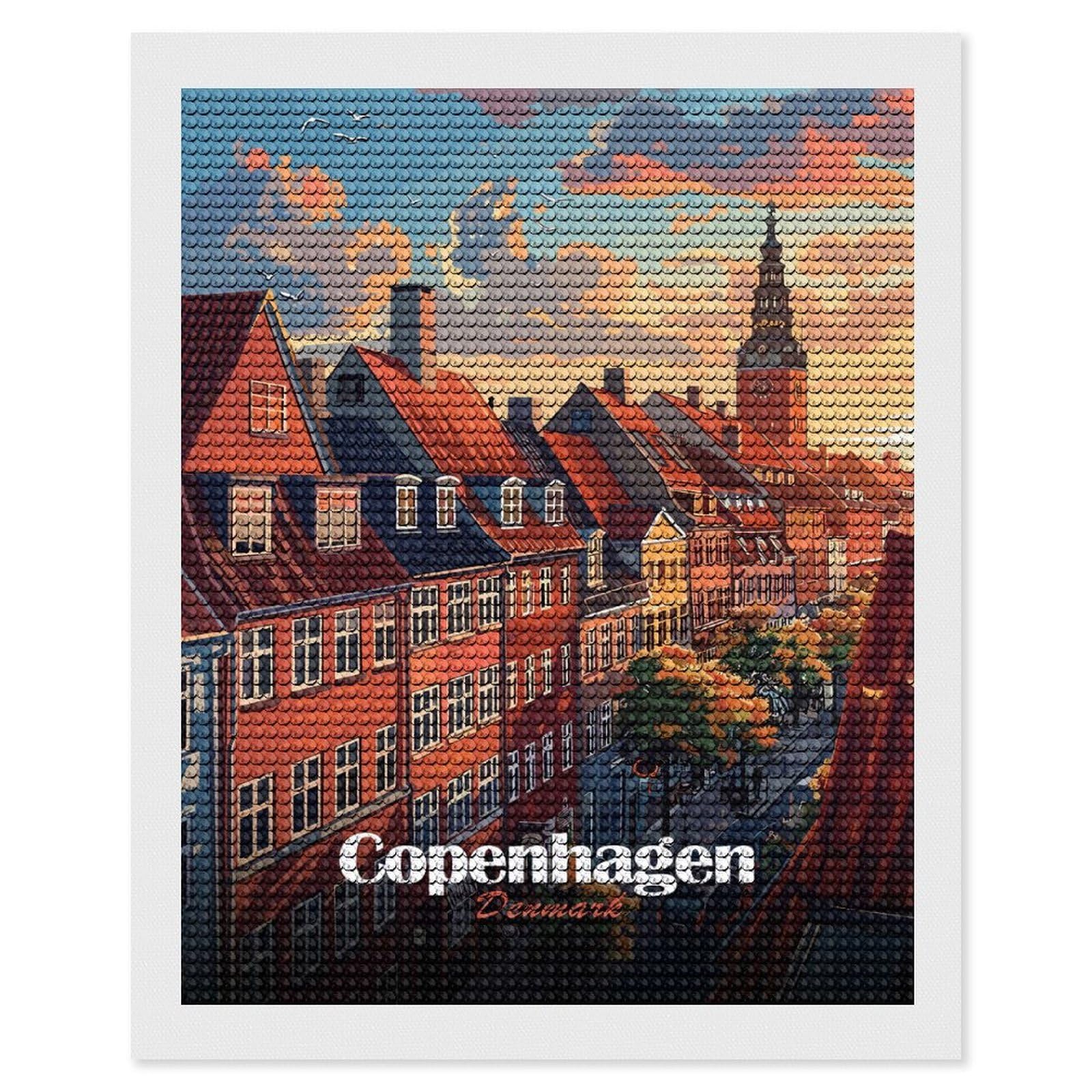 Junmoney Copenhagen, Denmark Cityscape Art Full Drill Diamond Painting Kit 16"x20", Adhesive Canvas, Aesthetic Room Decor, for Family Craft Time, Birthday Gift