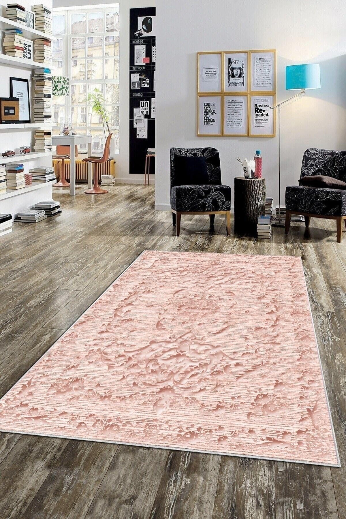 Pelangi Pembe Osmanlı Motifler Eskitme Yıkanabilir Kaymaz Taban Leke Tutmaz Modern Salon Halısı Ve Yolluk, Pembe 120 x 180, 74571068120180728