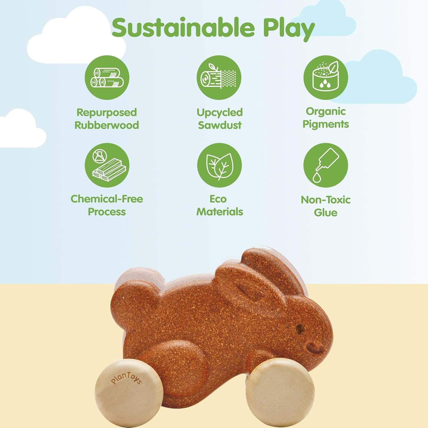 PlanToys® Brown Push Along Bunny Wooden Montessori Movement and Coordination Toy | Gross Motor, Rhythm and Cause & Effect Early Learning Activity | Eco Friendly Push Toy for Active Play
