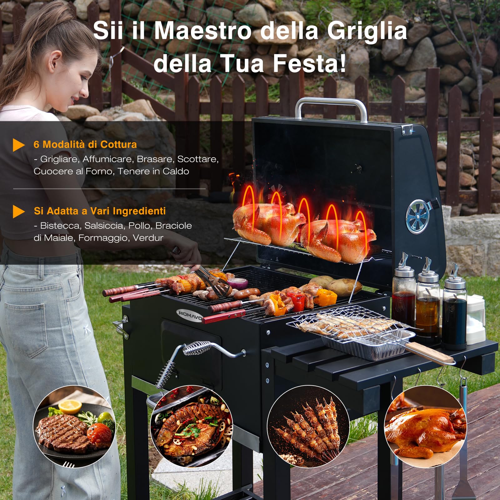 Barbecue a Carbonella, Barbecue con Coperchio, Griglia Piegevole, Superficie di Cottura 56×42,5 cm, Braciere Regolabile in Altezza, Tavolino Laterale Piegevole e Copertura Protettiva Inclusa