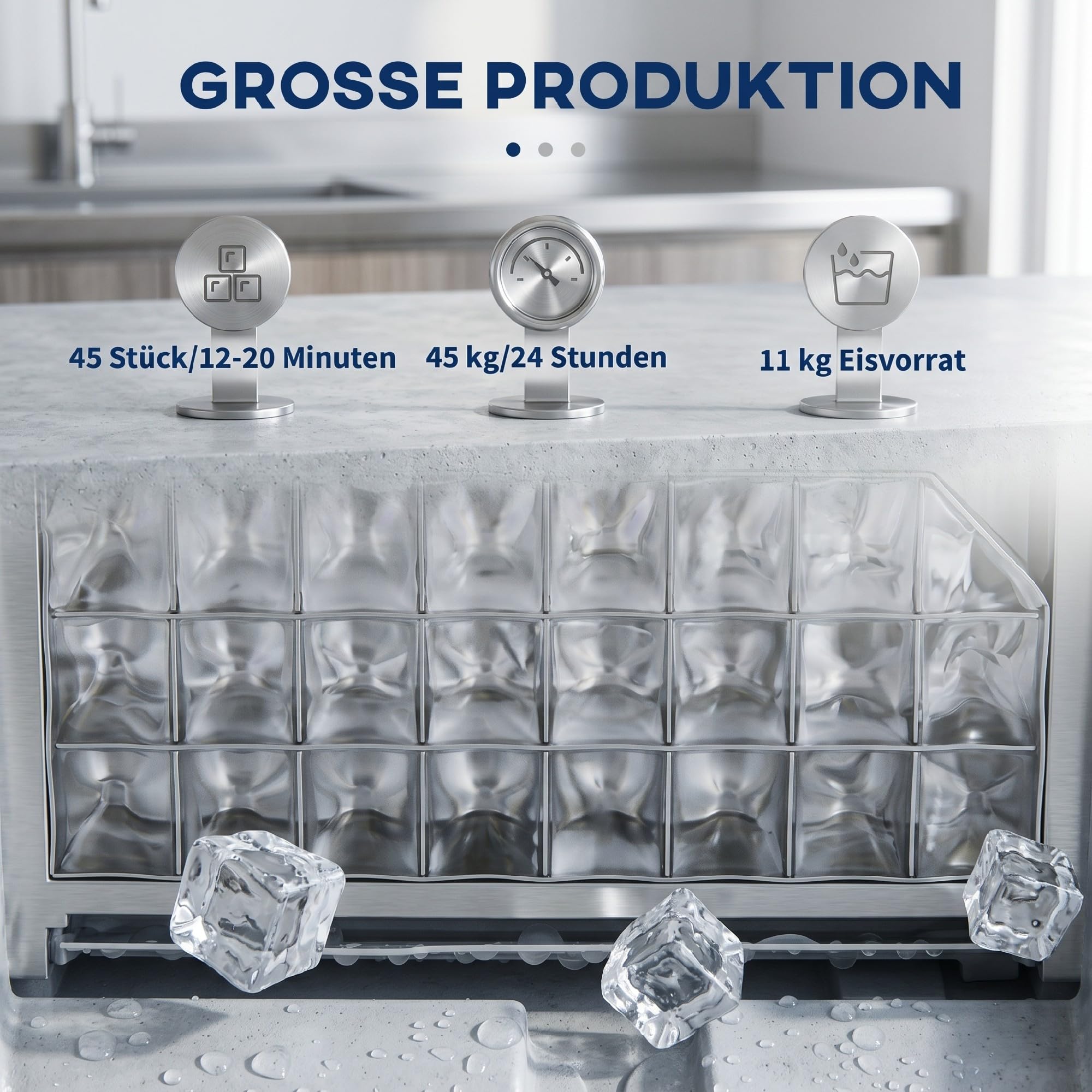 HOMCOM Kommerzielle Eiswürfelmaschine 45kg/24H mit LCD-Anzeige, 11 kg Speicher, Timer und Selbstreinigung, Freistehende Edelstahl Eismaschine Eiswürfelbereiter für Bar Café