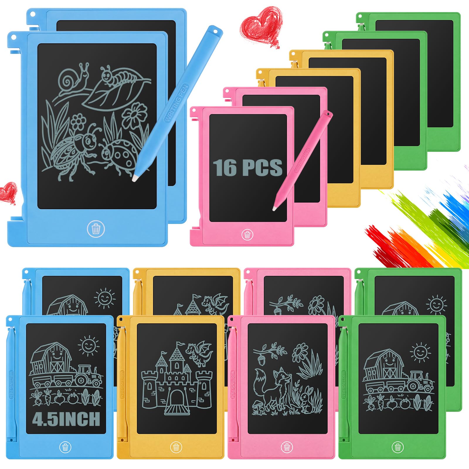 Nezyo 16 mini tabletas de escritura LCD de 4.5 pulgadas para niños, tablero electrónico de garabatos, tableta de dibujo colorida, bloc de escritura borrable a granel, reutilizable, regalo de