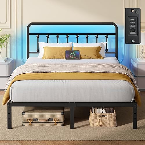Miniatura 10 de Rolanstar Base de cama con estación de carga USB, marco de cama individual con luces LED, marco de cama de plataforma con listones de acero