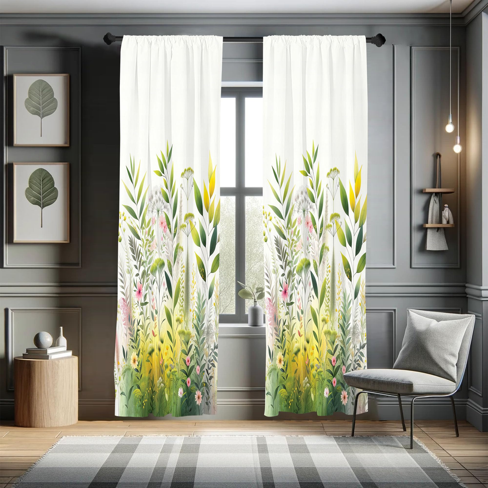 Ambesonne Nature Window Curtains, Dream Garden Scene Leafy Huddle with Blush Tone Flower Details Print Boho, Lightweight Decor 2-Panel Set with Rod