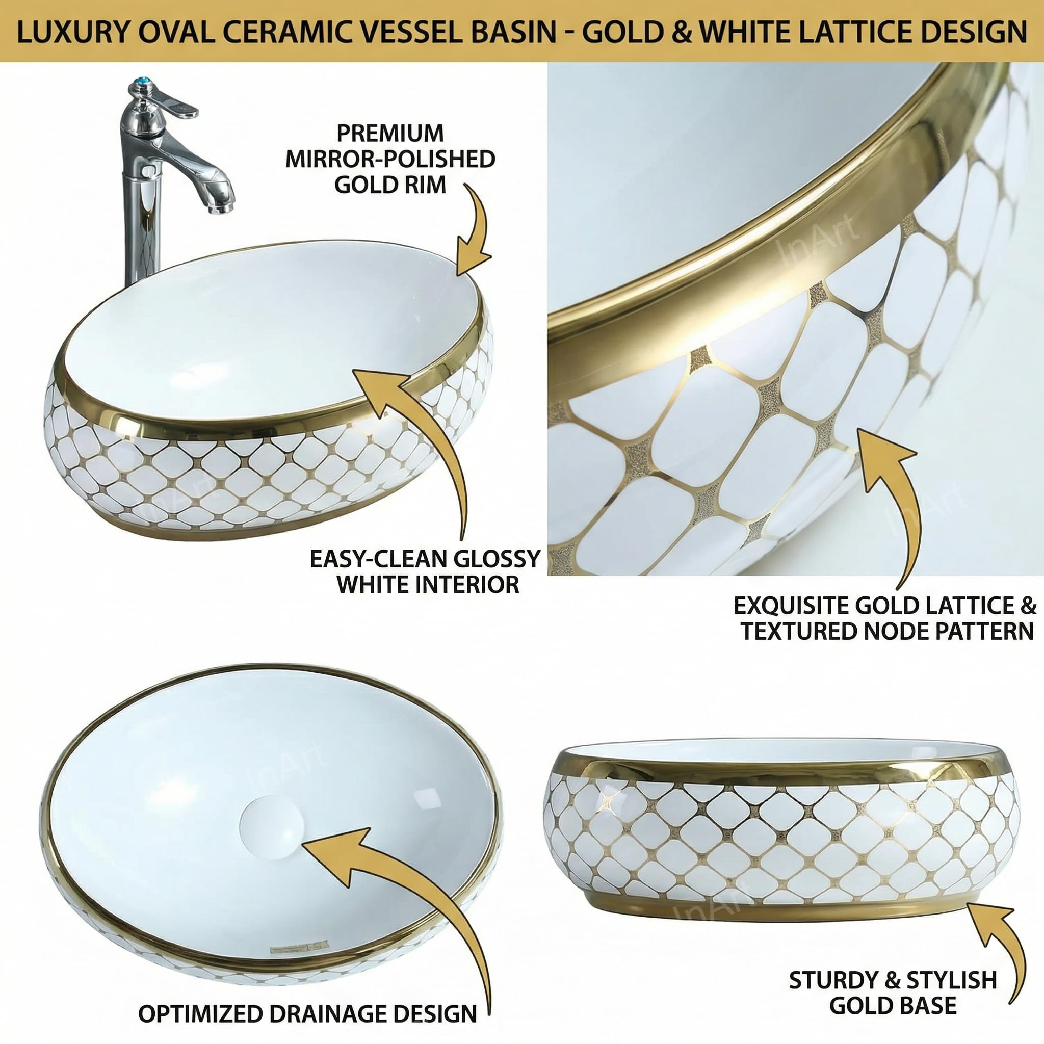 InArt Designer Ceramic Wash Basin/Vessel Sink/Over Above Counter Top Wash Basin for Bathroom Oval Shape, Golden (White, 24 x 16 x 6 Inch) 1