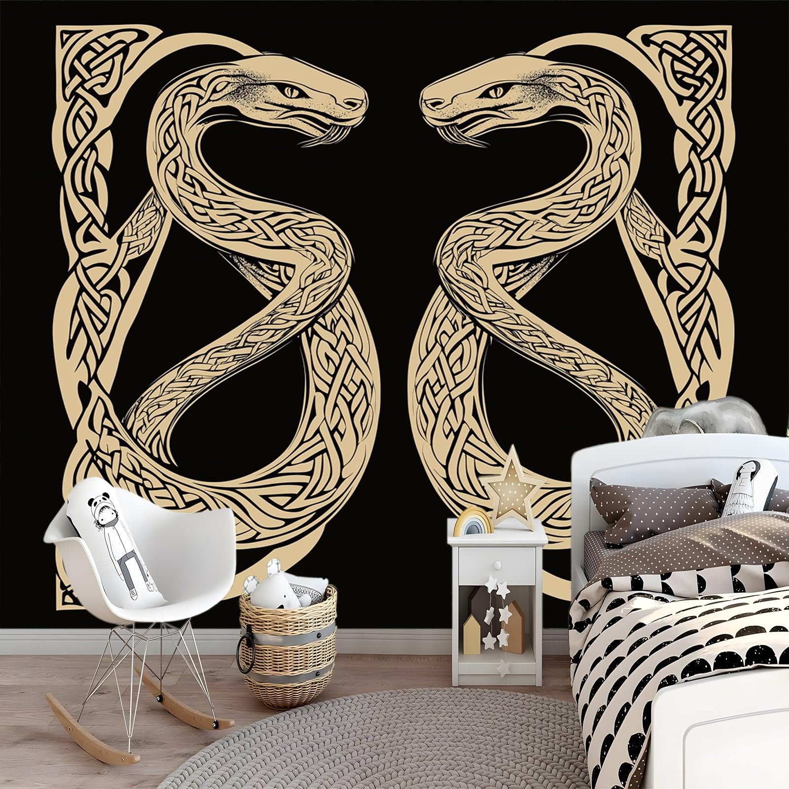Panoramiczna tapeta serpentyna czarna złota 300 x 210 cm (szer. x wys.), dekoracja ścienna do sypialni salonu nowoczesny design do salonu dla dorosłych pokój dziecięcy restauracja