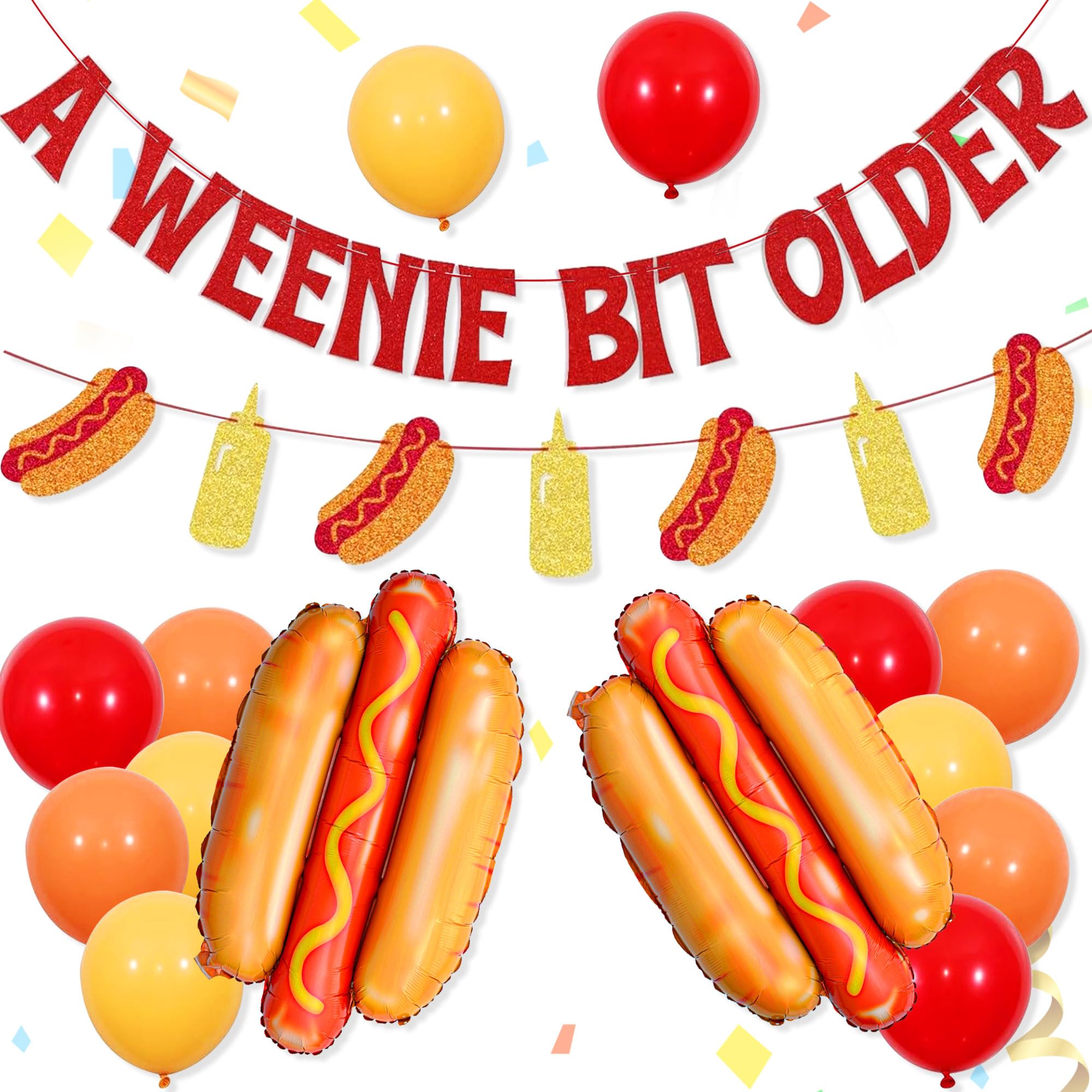 LaVenty A Weenie Bit Older Happy Birthday Banner Hotdog Hamburger Party Decorations for BBQ Picnic Garden Party Supplies with Balloons