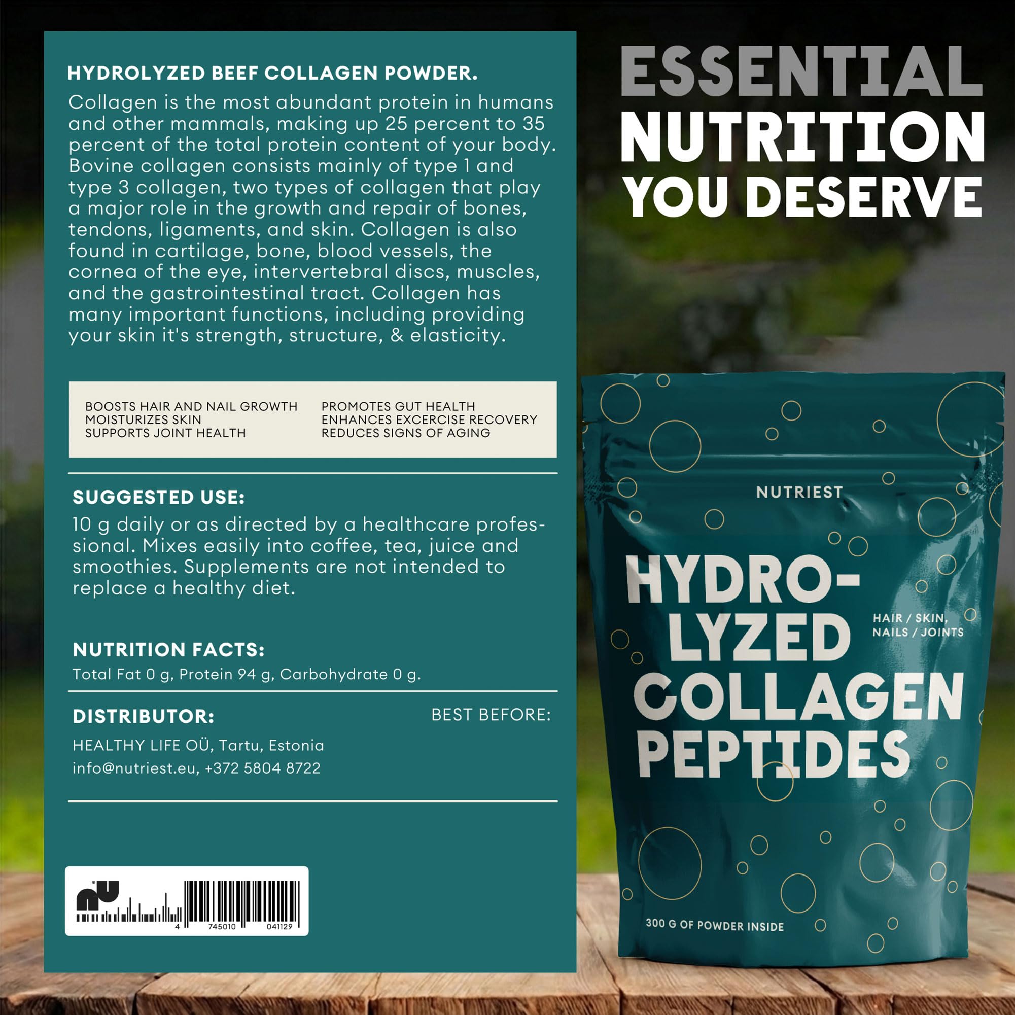Nutriest Collagen Peptides Powder (300 g) I Beef Collagen Powder from Certified Ecological Livestock - Hydrolyzed Collagen I For Joints, Intestines and Skin I Peptides