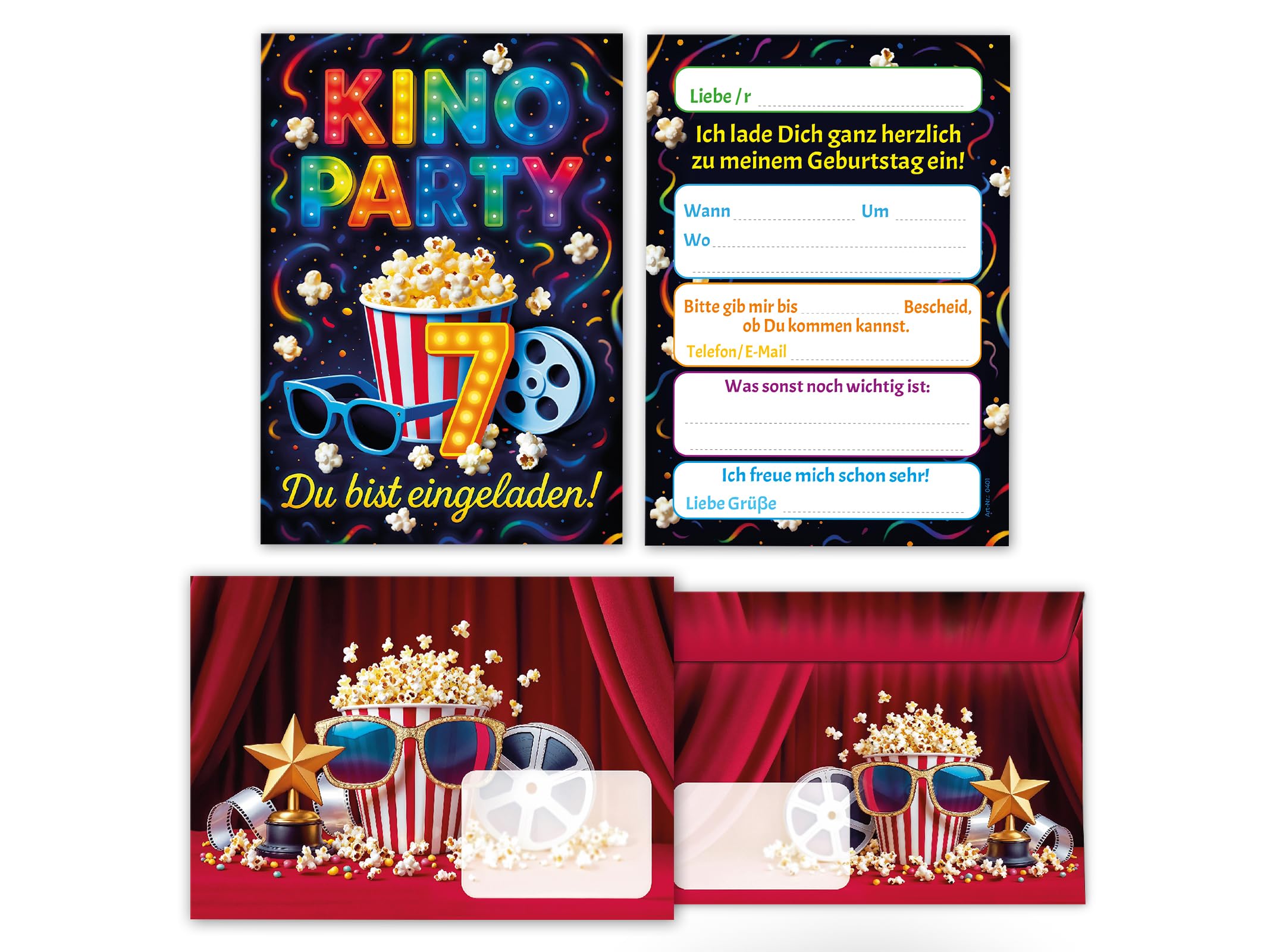 Junaversum 8 Einladungskarten inkl. 8 Umschläge zum 7. Kindergeburtstag Kino Party Mädchen Jungen bunt coole bunte Einladungen siebte Geburtstag Geburtstagseinladungen Kids Kinogeburtstag