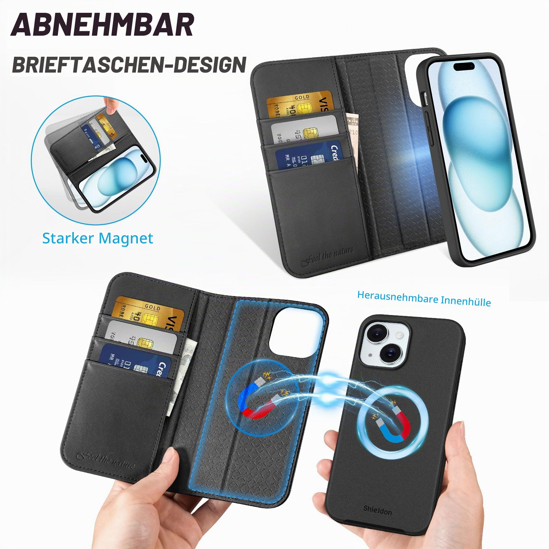 SHIELDON Rindsleder Hülle für iPhone 15 6,1" 2023 5G, Schwarz