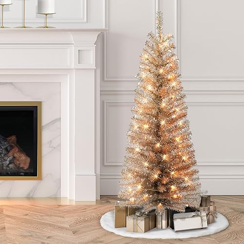 Miniatura 4 de Árbol de oropel de oro rosa preiluminado de 4.5 pies, 160 puntas, 70 luces incandescentes transparentes UL