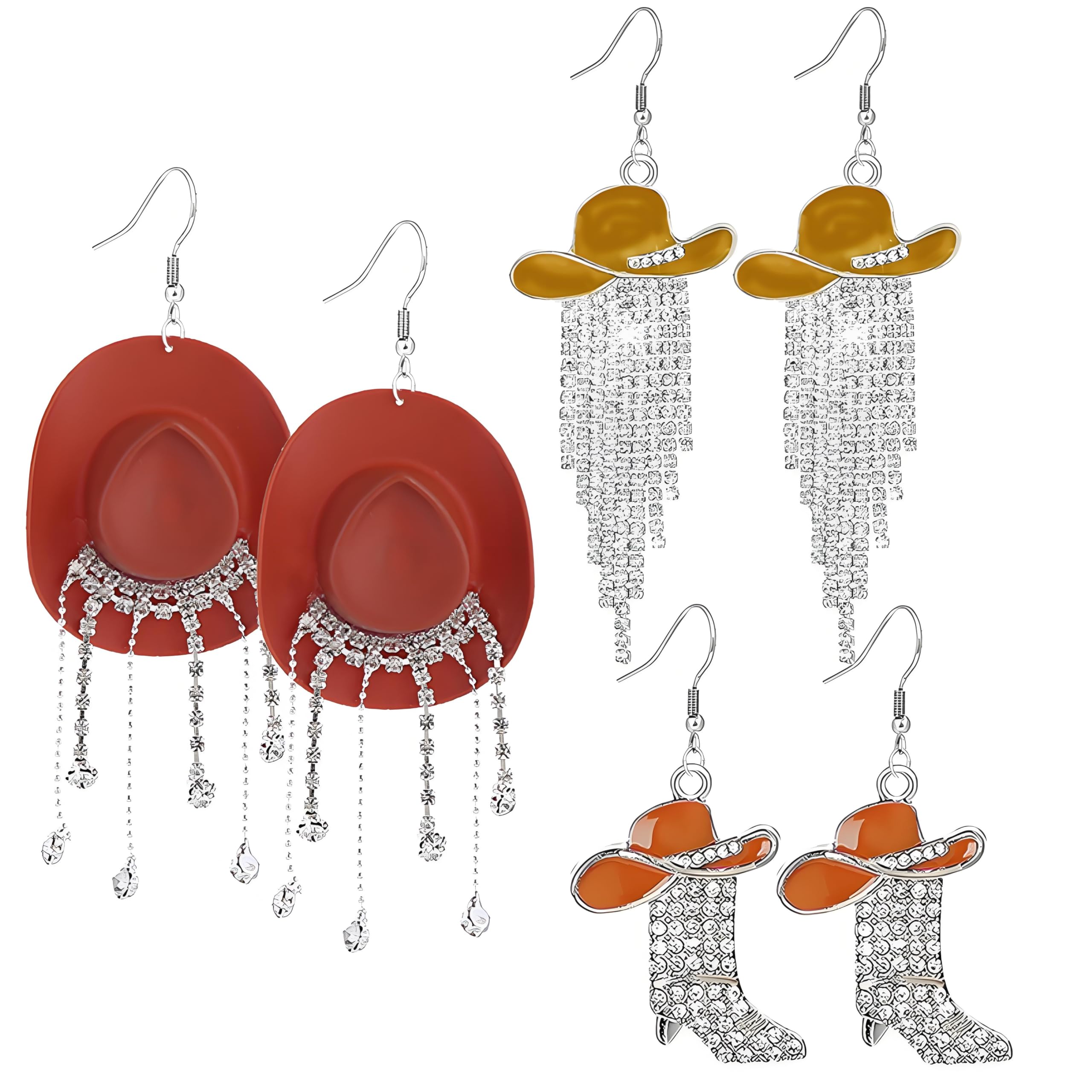 3 Pairs Western Earrings for Women Sparkly Rustic Couture's Rhinestone Tassels Hat Boots Earrings Cowgirl Cowboy Country Concerts Cowboy Outfits