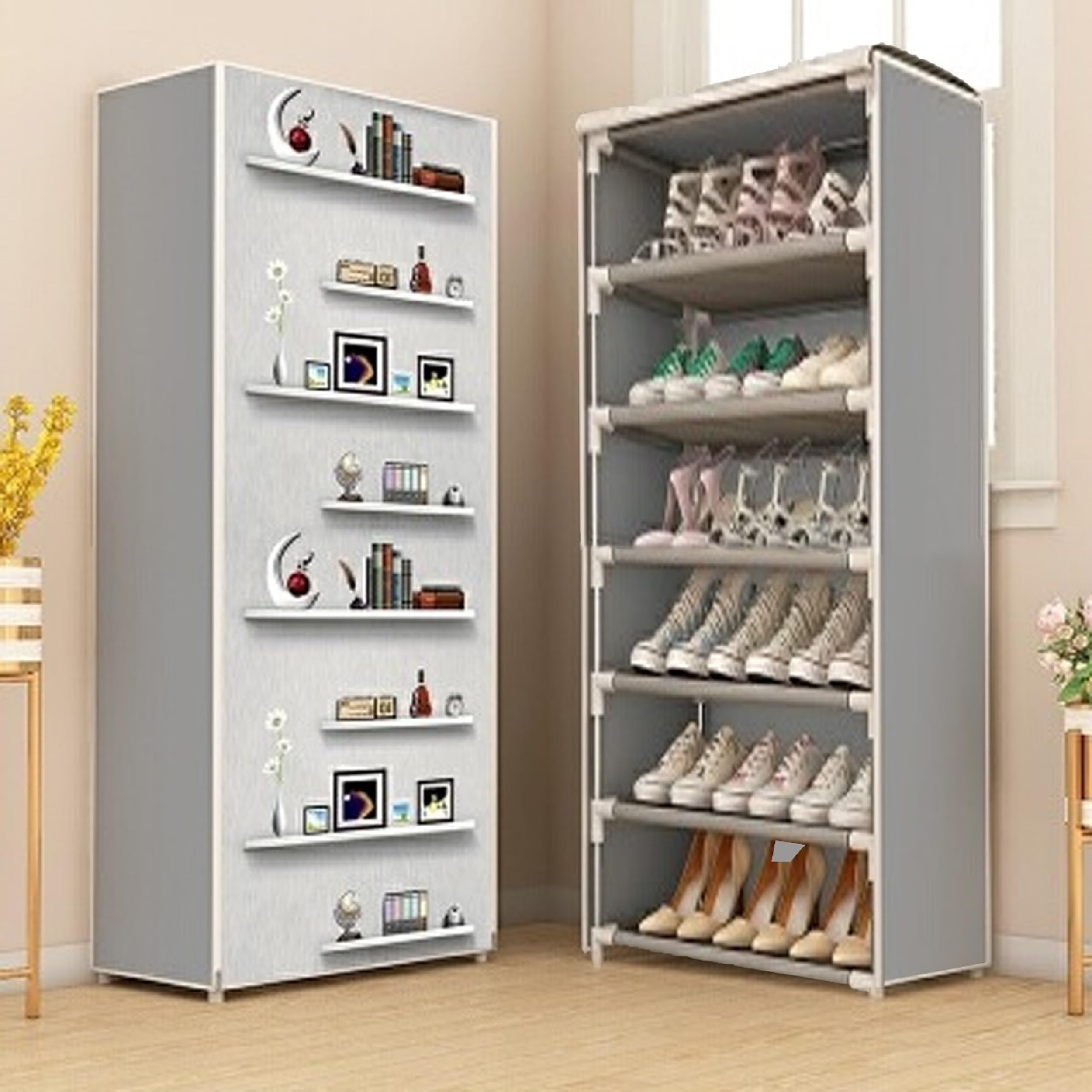 CMerchants 6 Shelf Shoe Rack with Cover, Zip Door Cover with Side Pockets, Storage of 18 Pairs of Shoes Storage (Grey)-image-39