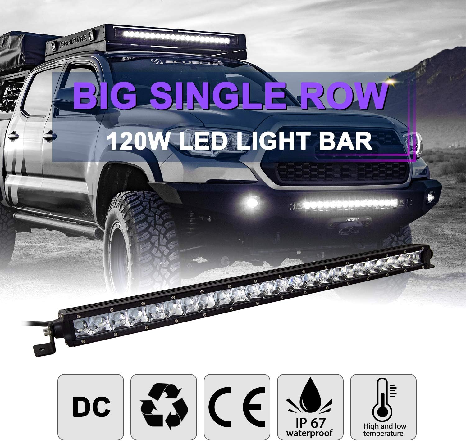 Willpower 26 inch 120W Spot Single Row 10800LM Off Road LED Fog Driving Roof Bumper Light Bars 2 Style Mounting Brackets for Off Road ATV UTV Trucks Boat,12V 24V Waterproof