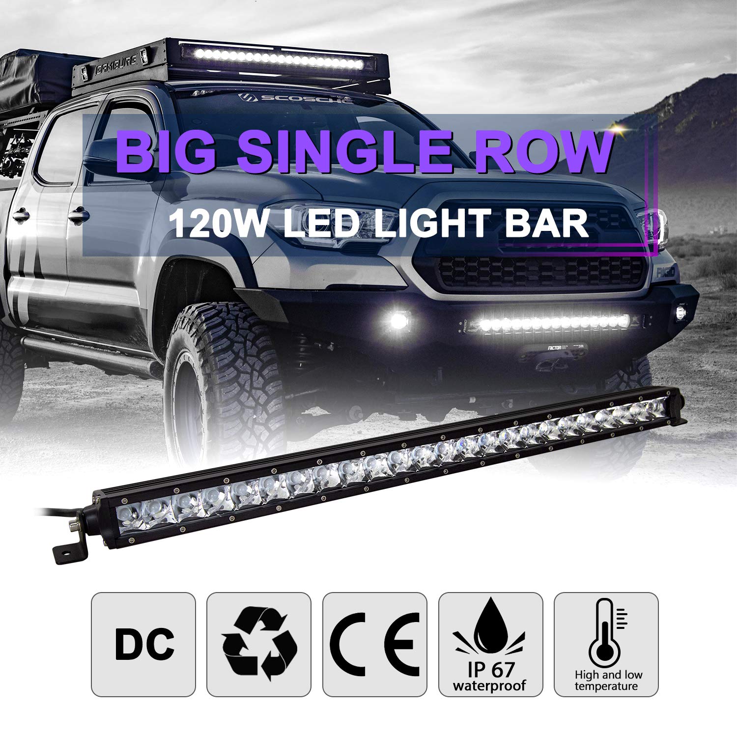 AUXTINGS 26 cali 120W punktowy pojedynczy rząd 10800 lm terenowy LED przeciwmgielne i prowadzenie dachu zderzak światła drążki 2 style wsporniki montażowe do terenowych ATV UTV ciężarówki łódź, 12V 24V wodoodporny