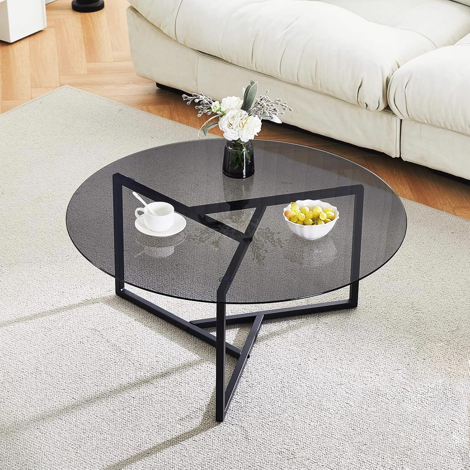 TUKAILAi Round Tempered Glass Coffee Table, Modern Home Accent Table with Metal Frame, Minimalist Style Center Table for Living Room, Bedroom, Office (Black Glass)