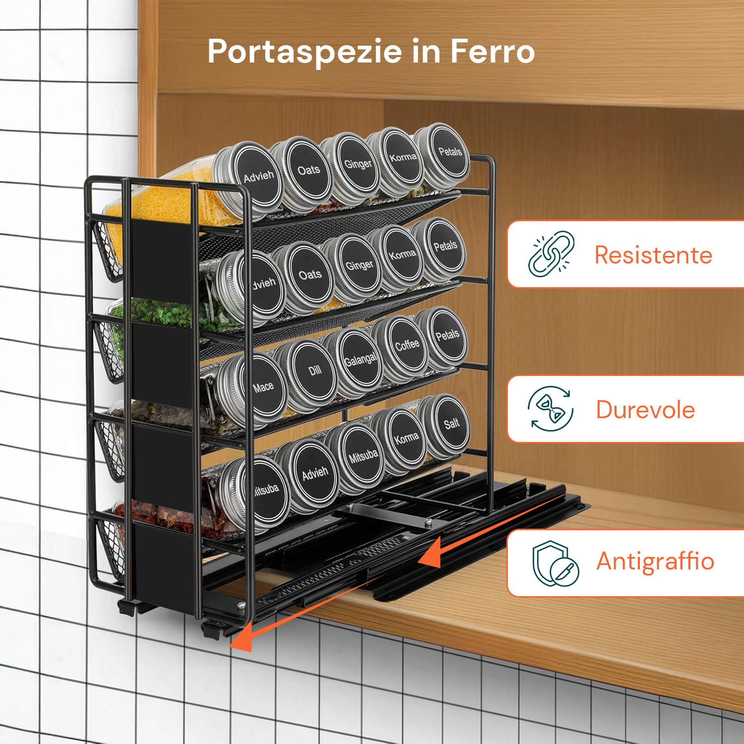Avilia - Porta Spezie per Cucina con 20 Barattoli Vetro, Struttura Estraibile Salvaspazio, Etichette Impermeabili, Imbuto Silicone e Penna Inclusi
