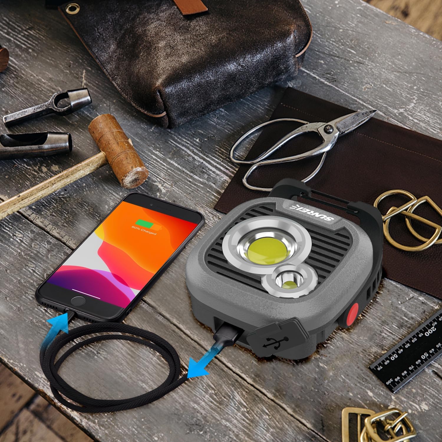 LED Rechargeable Magnetic Work Light SUNREI Mechanic Light Power Bank 180° Rotating,1500LM, 6 Modes,Magnetic&Hook, IPX5 Waterproof, Magnetic Flashlight for Camping, Car Repairing(Gary) - Image 7