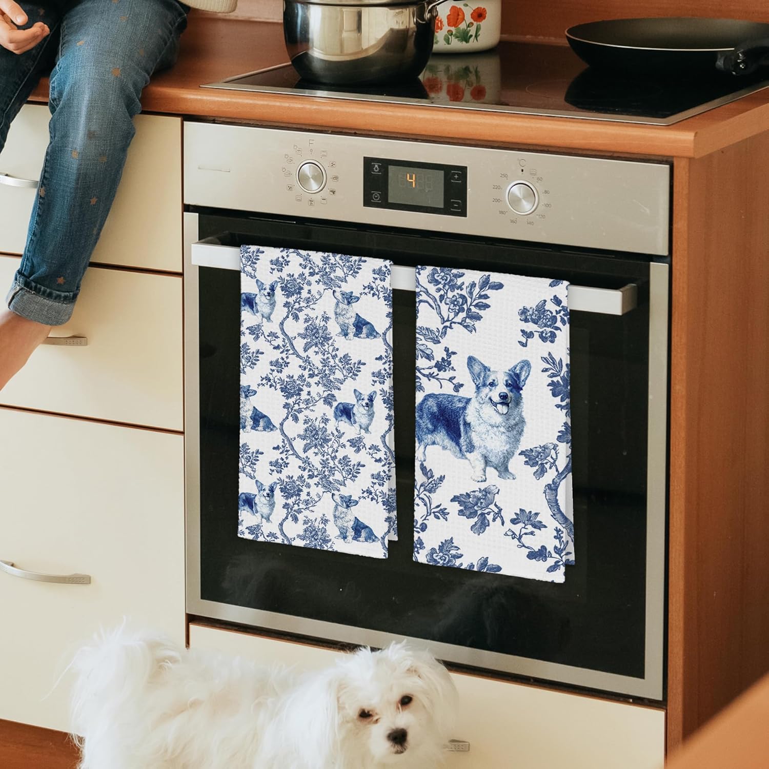 Dog Corgi Chinoiserie Kitchen Towels Set of 2, Blue and White Floral Cute Hand Bathroom Towels Gifts for Dog Lovers, Porcelain Rustic Botanical Tea Dish Towel Decor for Dining Room 16x24in - Image 4