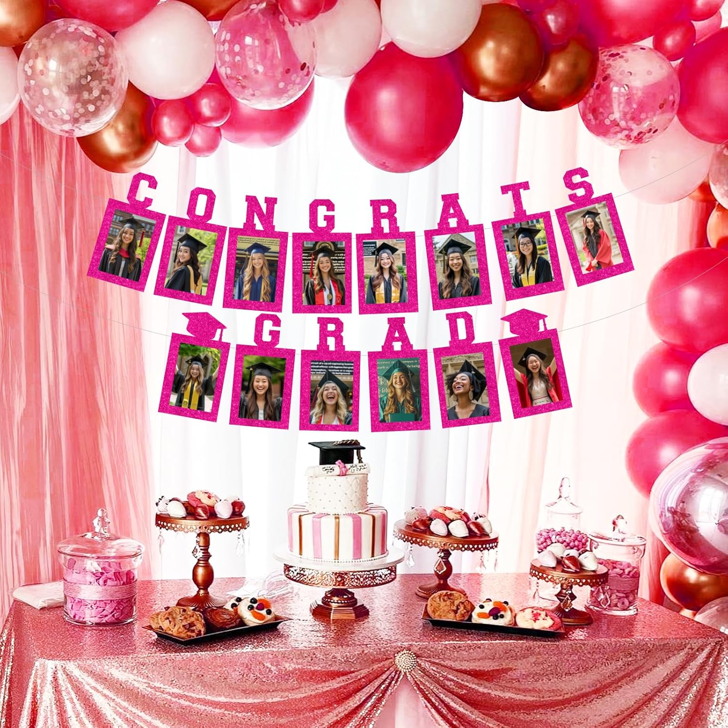 Cheereveal 2026 Congrats Grad Photo Banner Hot Pink, Graduation Photo Photo Prop Decor Party Supplies, Graduation Party Bunting Banner Decorations - Image 3