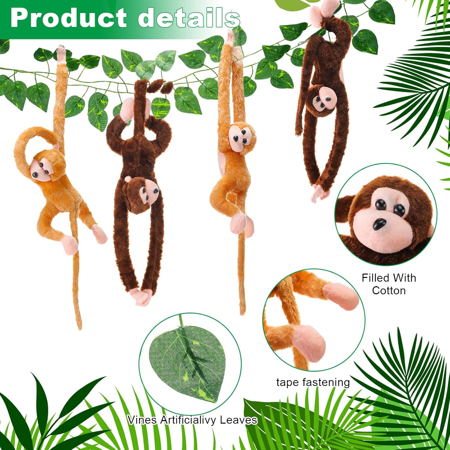 6 Pcs Jungle Theme Party Decorations Hanging Monkey Decor Stuffed Animal with 12 Pcs 7.22ft Artificial Vine Plush Hook and Loop Fastener for Rainforest Safari Birthday Party(Dark Brown, Yellow,21 in)