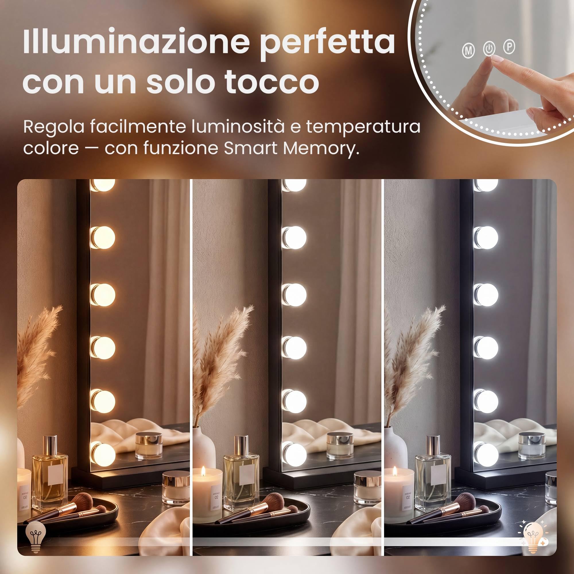 CLP Specchio Trucco Norlina 80x60 cm con Luci LED Dimmerabili, 3 Modalita di Illuminazione e USB. Specchio Hollywood da Parete o da Tavolo, Colore:nero