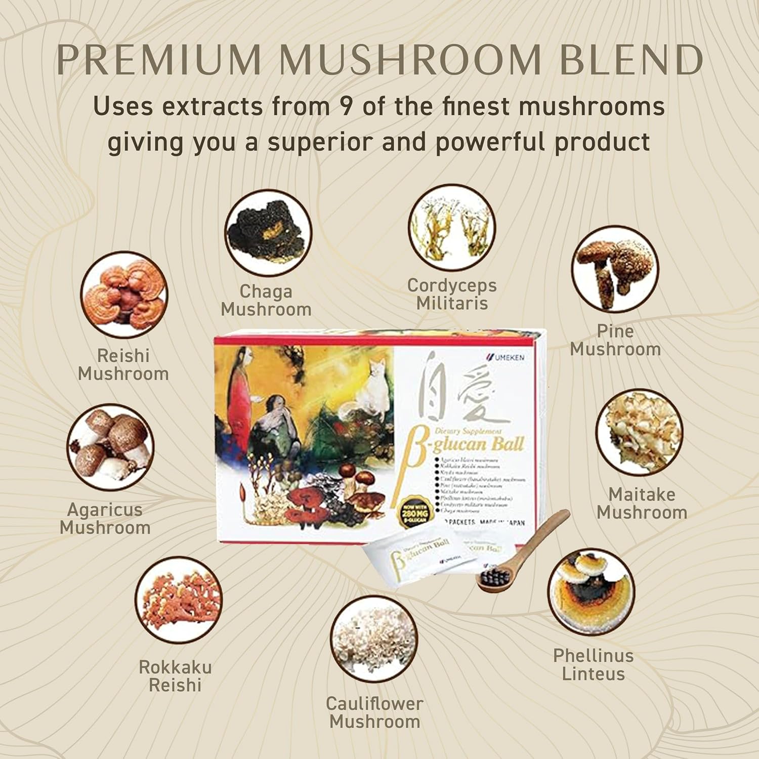 Umeken Beta Glucan, Immune Boost, Mushroom Extract, Dietary Supplement, Blend of 9 Premium Mushroom Extract Packets, Easy to Take Beta Glucan Supplements, 6 Month Supply, 90 Count Box, Pack of 2