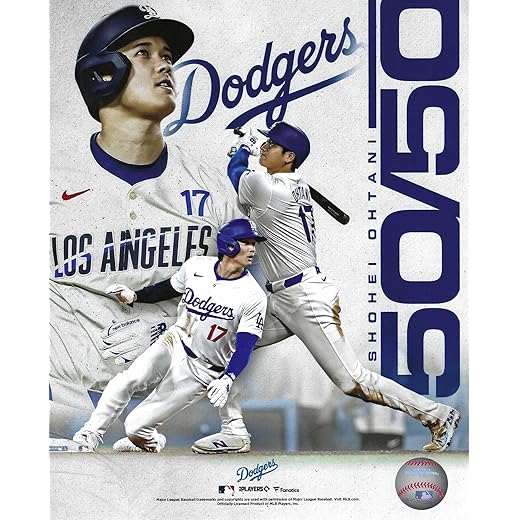Los Angeles Dodgers Shohei Ohtani 50/50 Photo Collage - Licensed MLB Collectible Print for Fans and Sports Memorabilia Collectors - Premium Matte Finish Baseball Wall Art Photo Poster - 8x10 Size