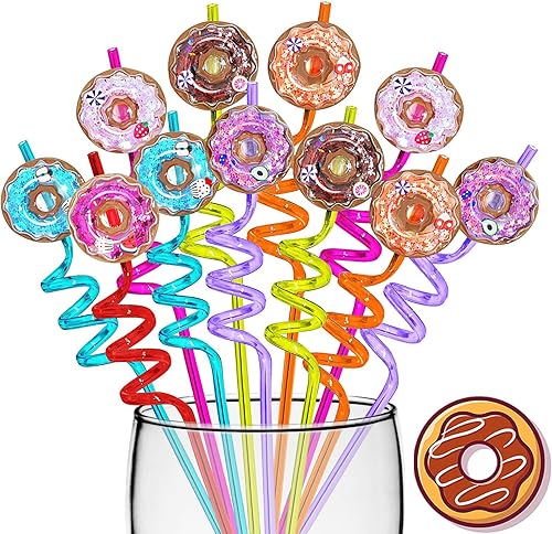 Miniatura 2 de 24 popotes reutilizables con purpurina para beber, suministros de fiesta de donas, regalos de decoración de fiesta de cumpleaños con 2 cepillos de