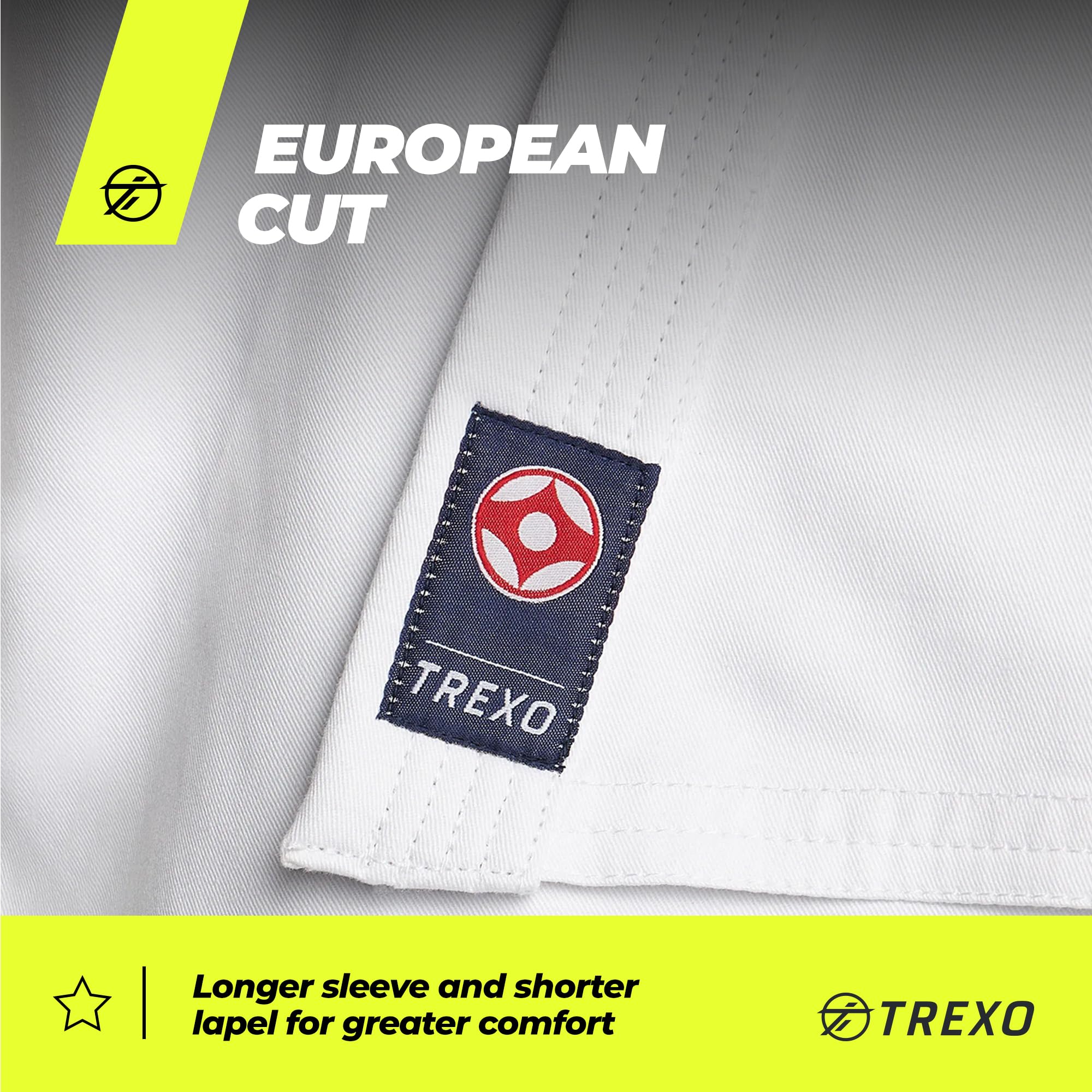 TREXO Karatega con bordado Kyokushin para karate en color blanco para 140 cm de estatura, juego de pantalones regulables, kimono, cinturón, ideal para principiantes, costuras fuertes, materiales