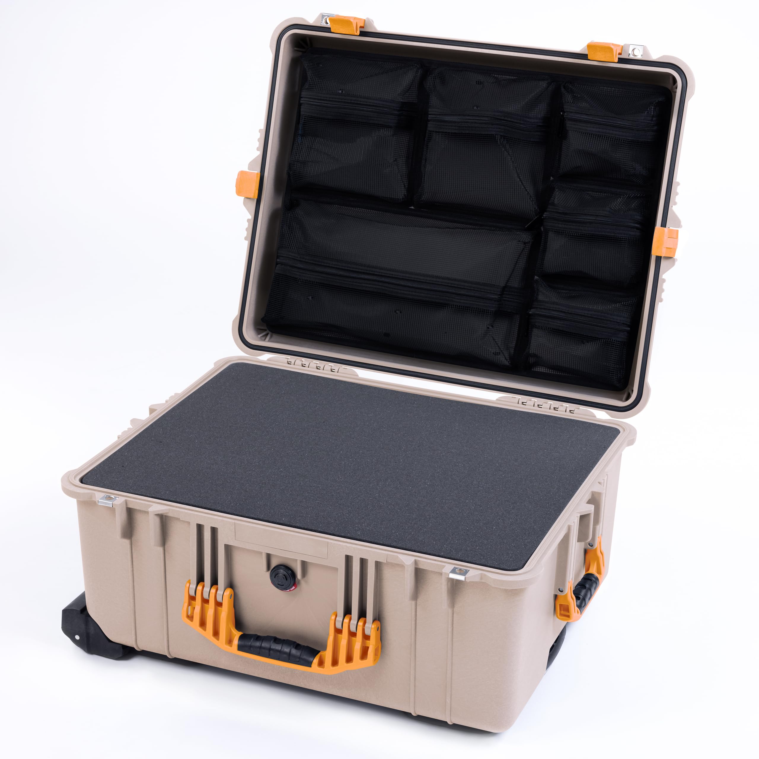 Pelican 1610 Case by ColorCase - Desert Tan - Large Sized Waterproof Case with Pick & Pluck Foam & Mesh Lid Organizer - Yellow Handles & Latches
