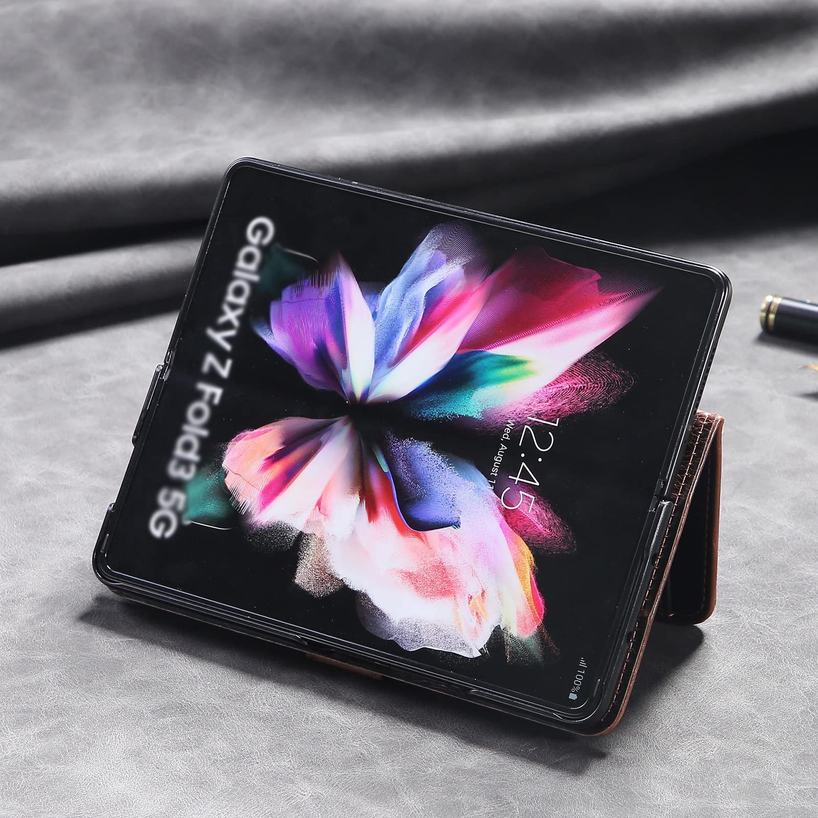 Etui portfelowe na Galazy Z Fold 3, zamsz retro ze skóry PU na zamek foliowy ochraniacz ekranu etui z klapką z magnetycznym zapięciem, etui na karty i podpórka dla kobiet do Galazy Z Fold 3, niebieskie
