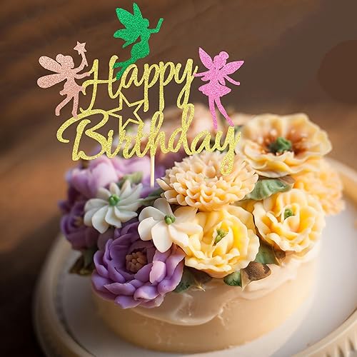 Miniatura 3 de Arthsdite Decoración para pastel de hadas, decoración de fiesta de cumpleaños para niña, decoración de feliz cumpleaños de hadas, purpurina dorada
