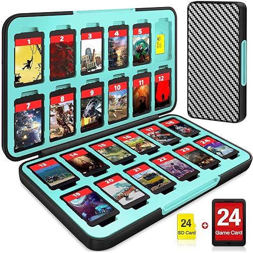 EUROA Switch Game Holder for Nintendo Switch Game, Switch Game Card Case Holder for Cartridges, 24 Slots Switch Cartridge Case Storage with Magnetic Clip & Soft Lining- Black Blue